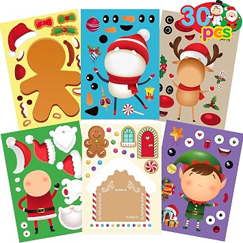 Funnlot Christmas Stickers for Kids - 30PCS Christmas Games for Kids Xmas Stickers for Kid Crafts Make Your Own Face Sticker Xmas Party Activities Crafts Favors Supplies for Toddlers Age 4-8 8-12