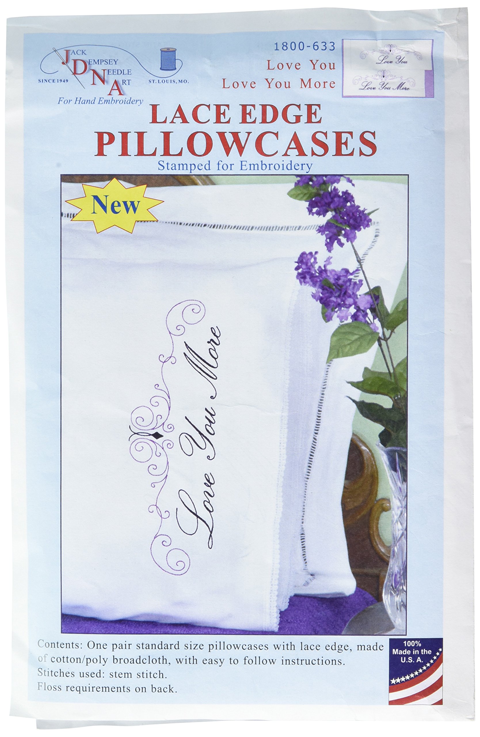 Jack Dempsey Needle Art Stamped Pillowcases with White Lace Edge Love You More, Other, Multicoloured, 13.97x21.59x2.54 cm