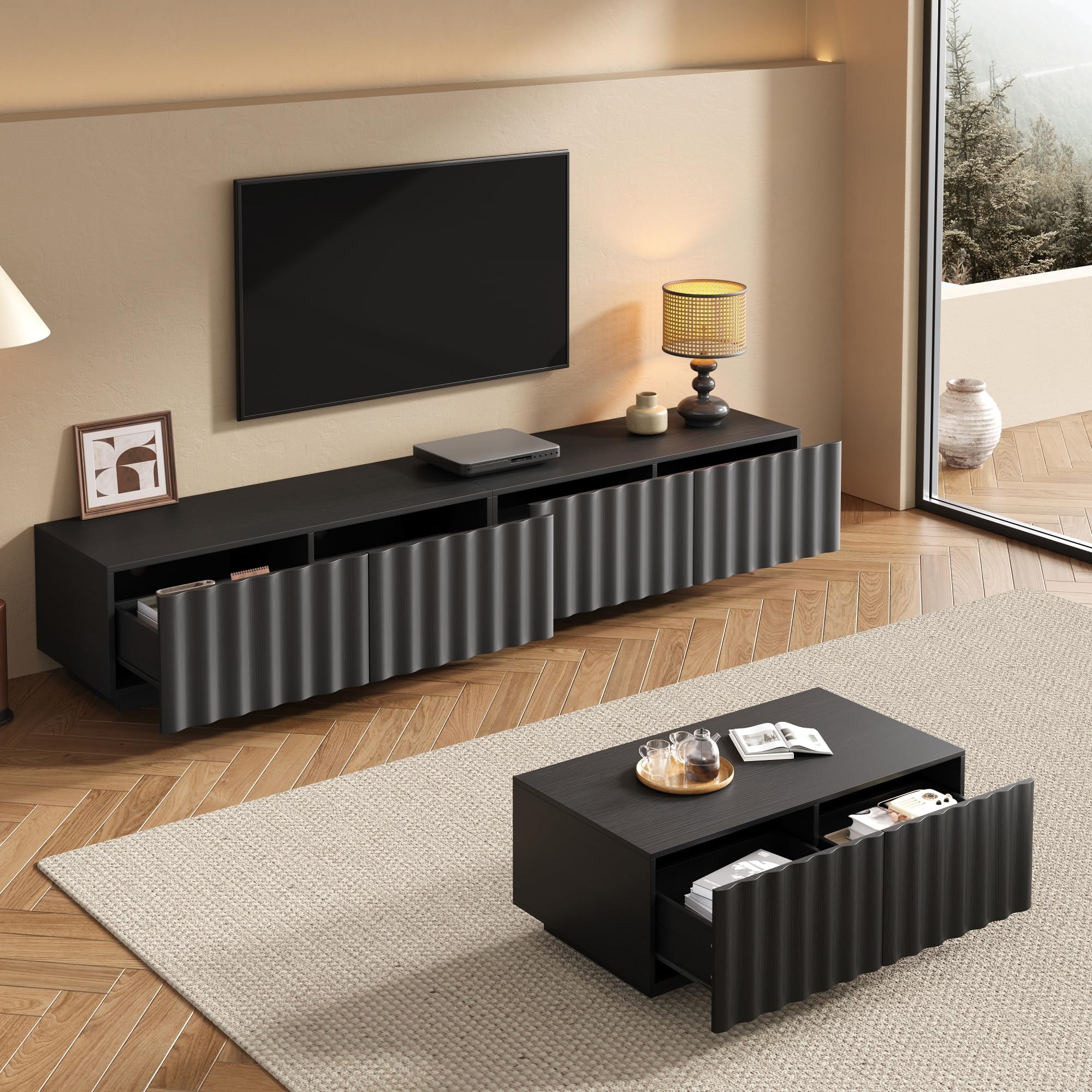 Juego de muebles de salón con diseño de ondas, mueble de TV y mesa de café, almacenamiento moderno, estable, práctico, color negro