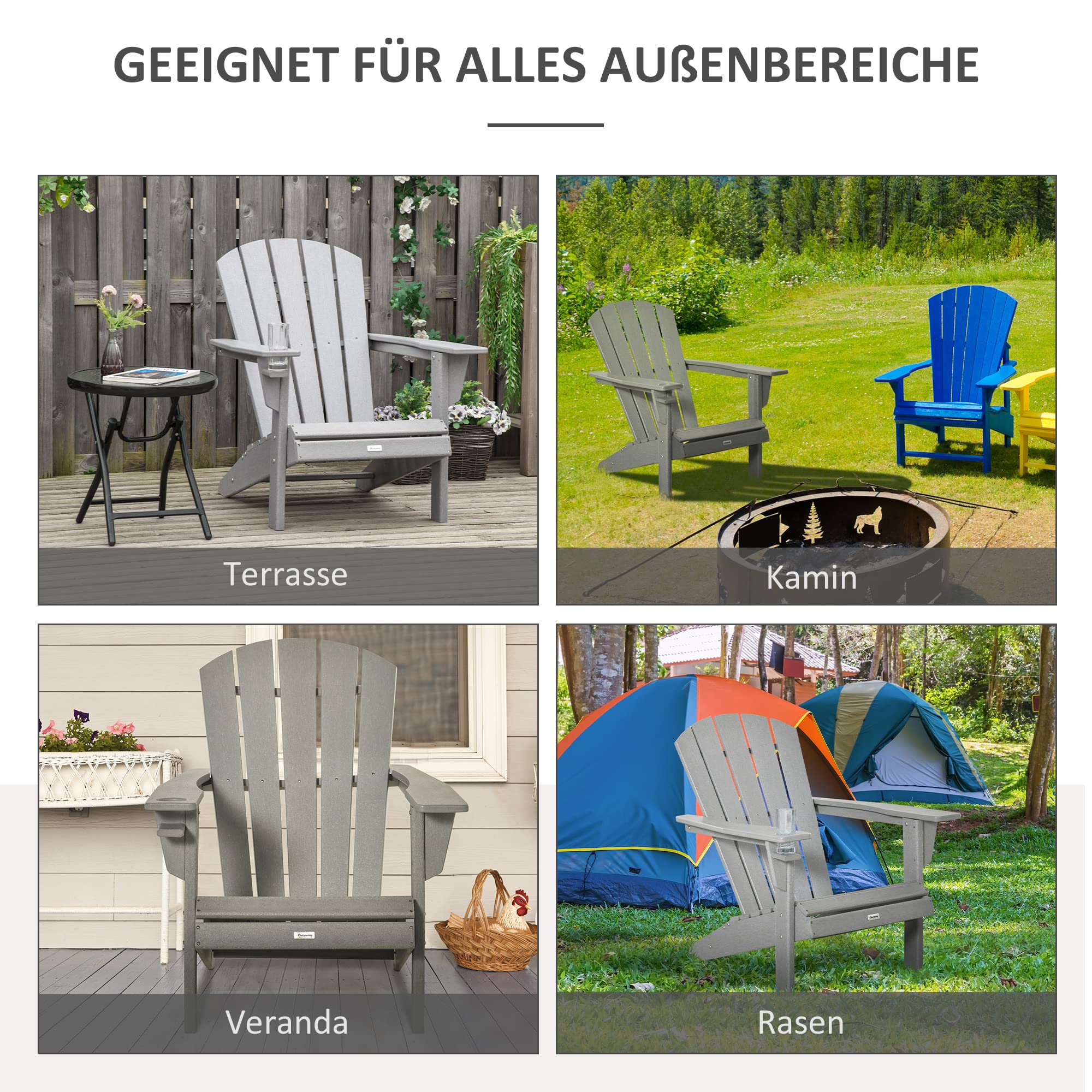 Outsunny Gartenstuhl mit Getränkehalter, Terrassenstuhl, Gartensessel, Gartenmöbel, Balkonstuhl, Adirondack, Grau, HDPE, 75 x 87 x 90 cm