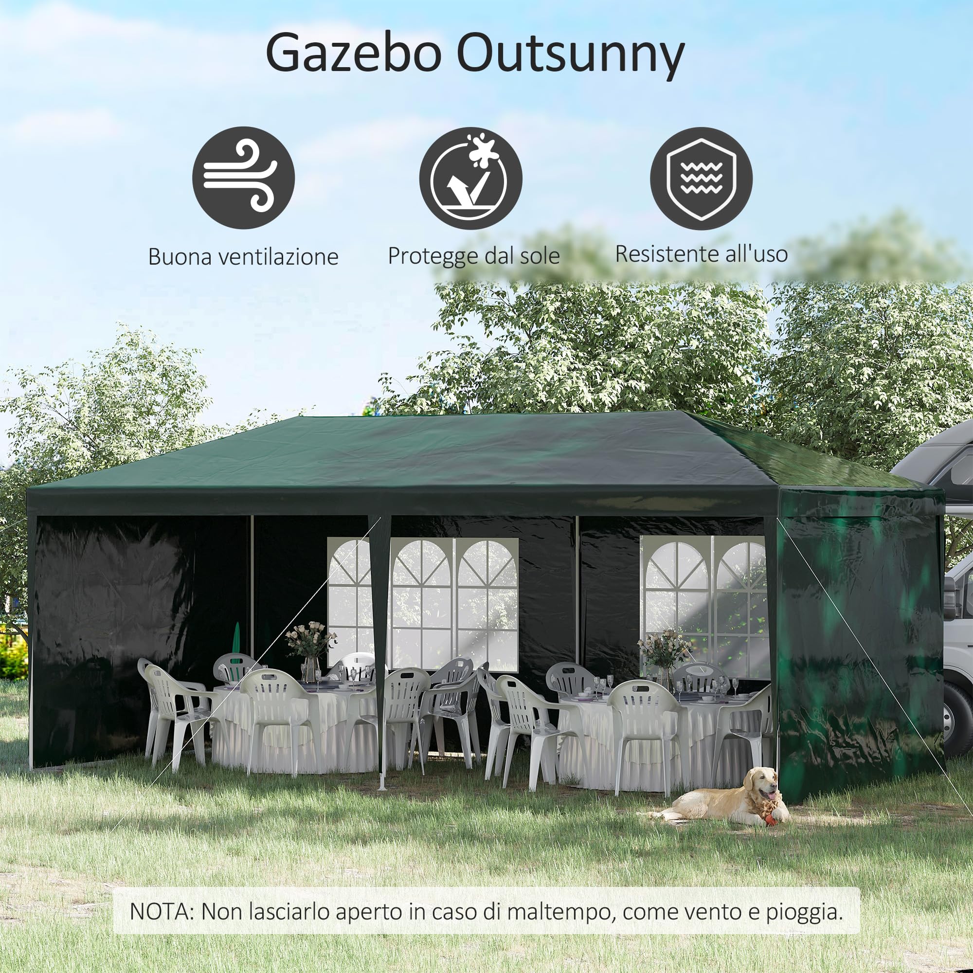 Outsunny Gazebo Giardino 6x3m Acciaio PE Protezione UV Pareti Rimovibili Finestre Verde
