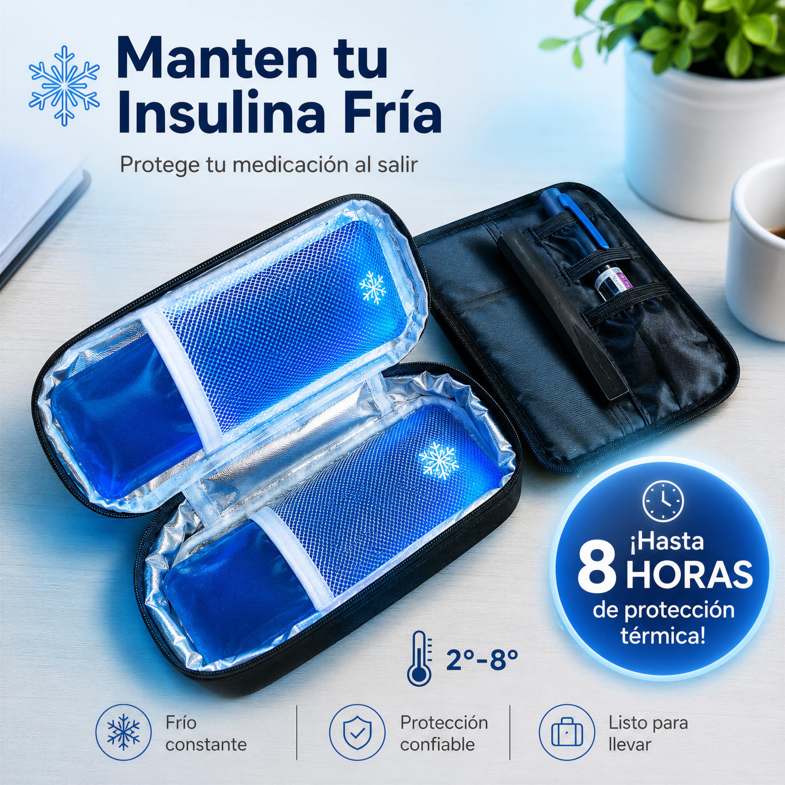 Nevera Insulina Portátil — Estuche Frío para Insulina y Medicamentos, Bolsa Isotérmica Viaje 21x9x6cm con Porta Plumas, Bolsa de Hielo Reutilizable, Forro Aluminio para Diabéticos (Negro)