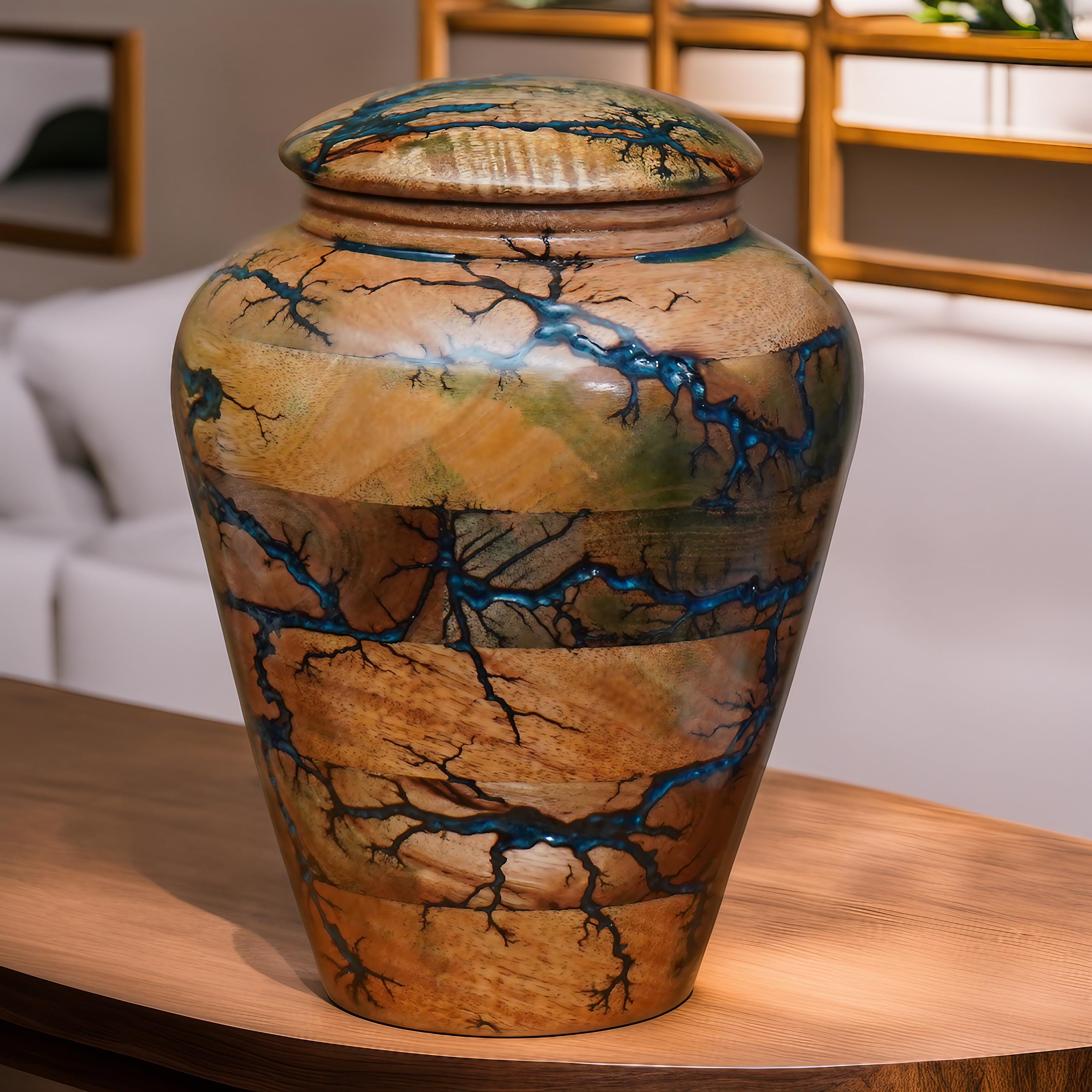 Urna de madera de mango azul océano con patrón de mármol para cenizas adultas, 10 x 7.5 x 8 pulgadas, 250 pulgadas cúbicas, urna de cremación