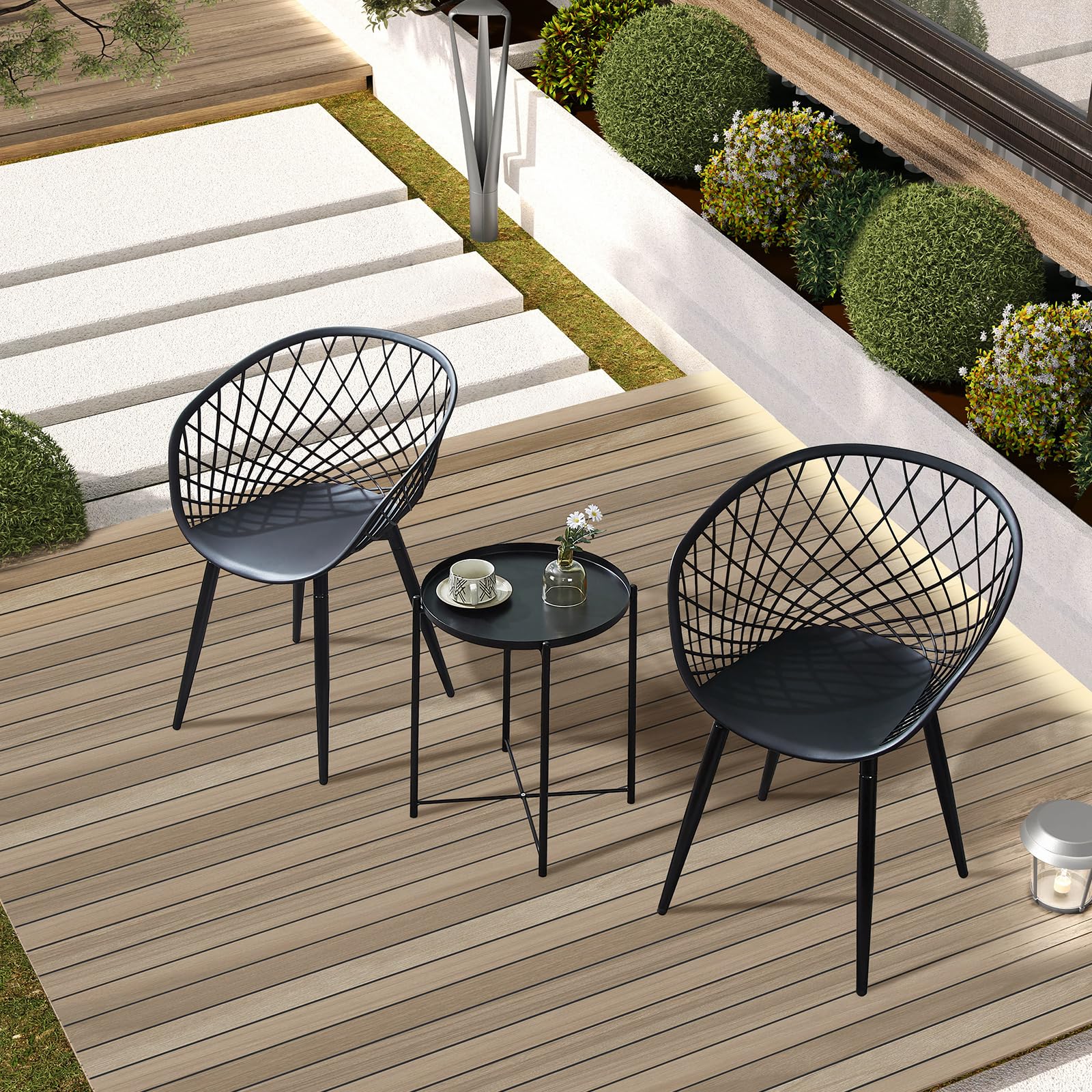 Juego de 6 sillas de jardín, sillas de jardín con reposabrazos, sillas de plástico con respaldo y patas de metal, muebles de terraza, muebles de balcón