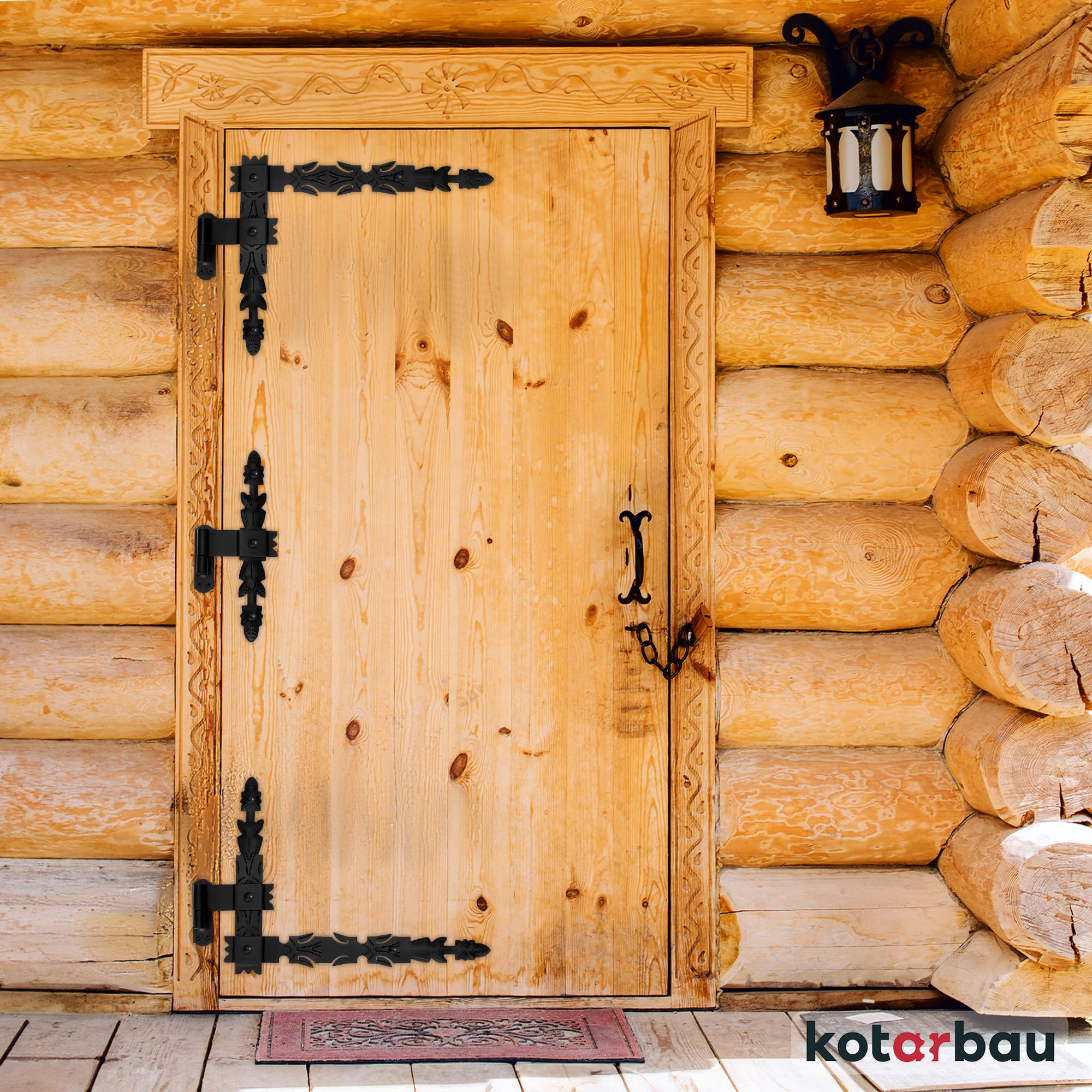 KOTARBAU® Nastro angolare forgiato, 400 x 300 x 40 mm, nero, in acciaio verniciato a polvere, con ganci, per porte in legno, gancio a croce, nero, porta in legno, nero