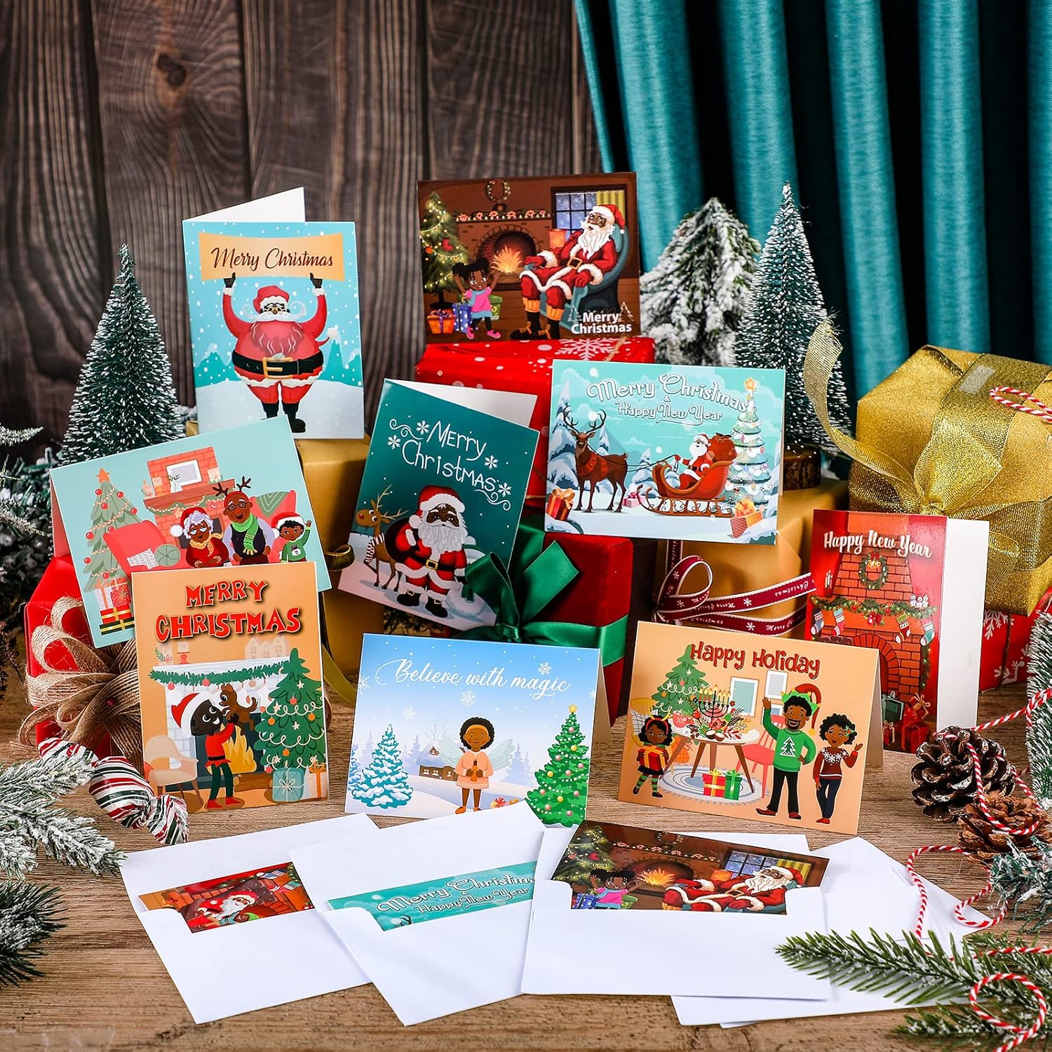 Woanger 36 Pcs African American Christmas Cards Black Christmas Greeting Cards with Envelopes 3.5 x 4.7 Inches Assorted Black Santa Bulk in 9 Styles for Holiday - Image 2