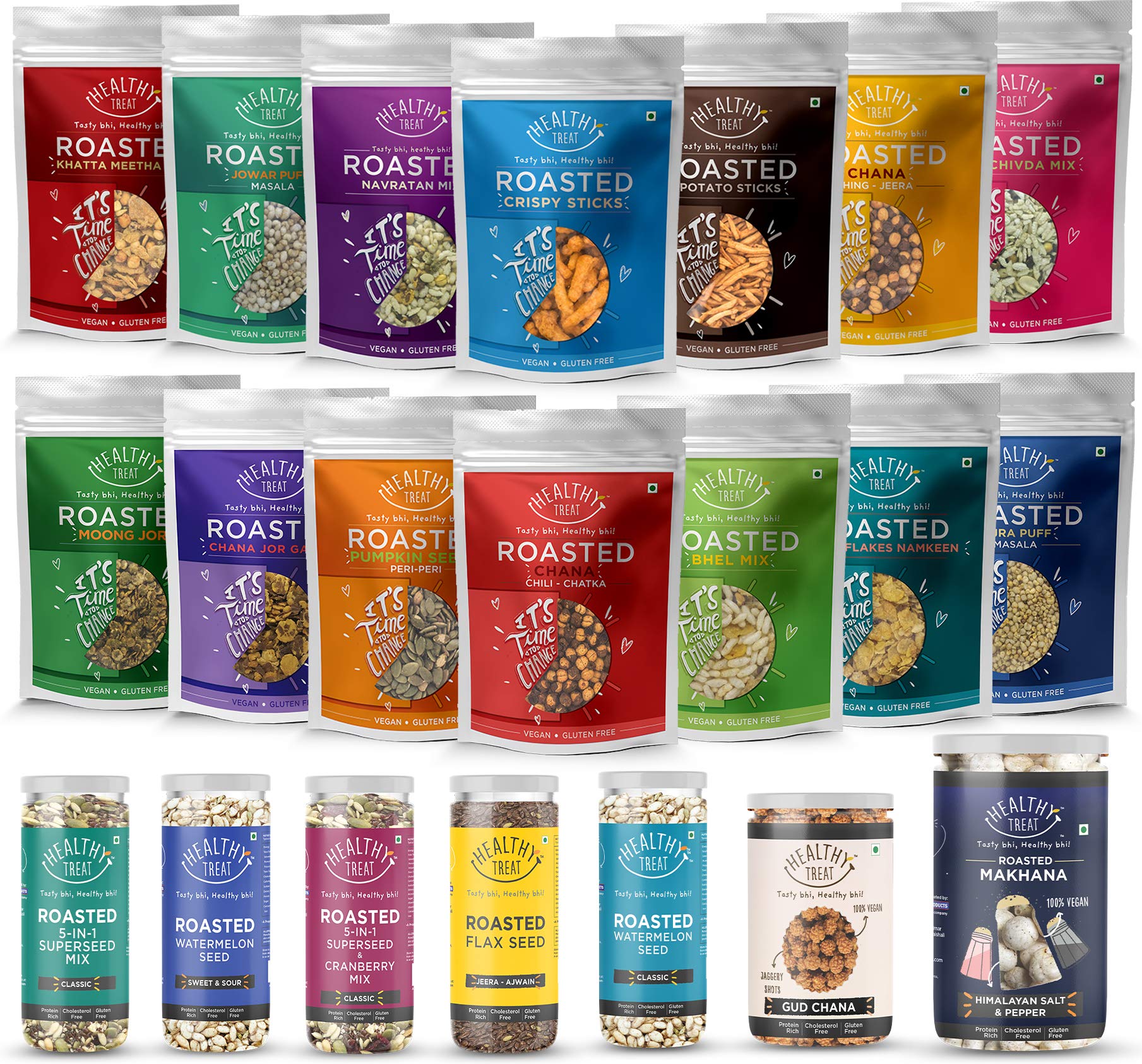 Healthy Treat Ultimate Care Package Roasted Snacks Pack of 21 | Healthy Snacks Combo Gift Box | Roasted Snacks, Makahana, Gur Chana, Roasted Seeds, Puff Snacks, Chana Snacks, Roasted Namkeen | Ultimate Variety Healthy Gift Box Pack Assortment Basket Box Bundle