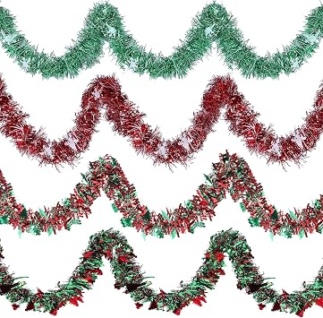 Jexine 8 Pcs 52.5ft Christmas Tinsel Garland Metallic Streamers Green Red Xmas Tree Ribbon Garlands Tinsel Twist Garland for Indoor Holiday Party DecorationChristmas Tree, Snowflakes