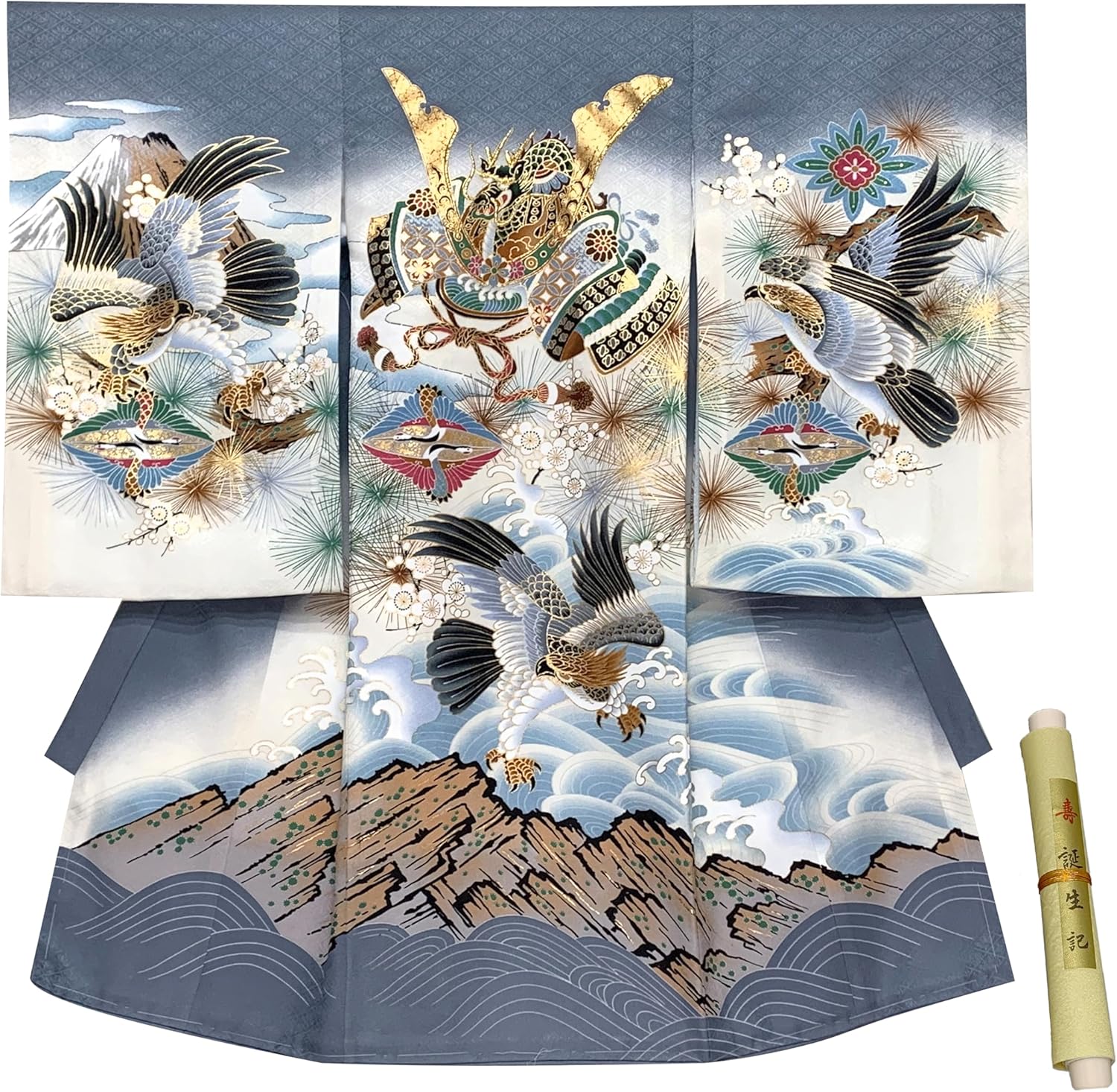 [京都室町st．] 化粧箱入り 誕生記付き お宮参り 着物 男の子 刺繍入り 赤ちゃんのお祝い着 (初着 産着) 正絹「兜、鷹三羽に