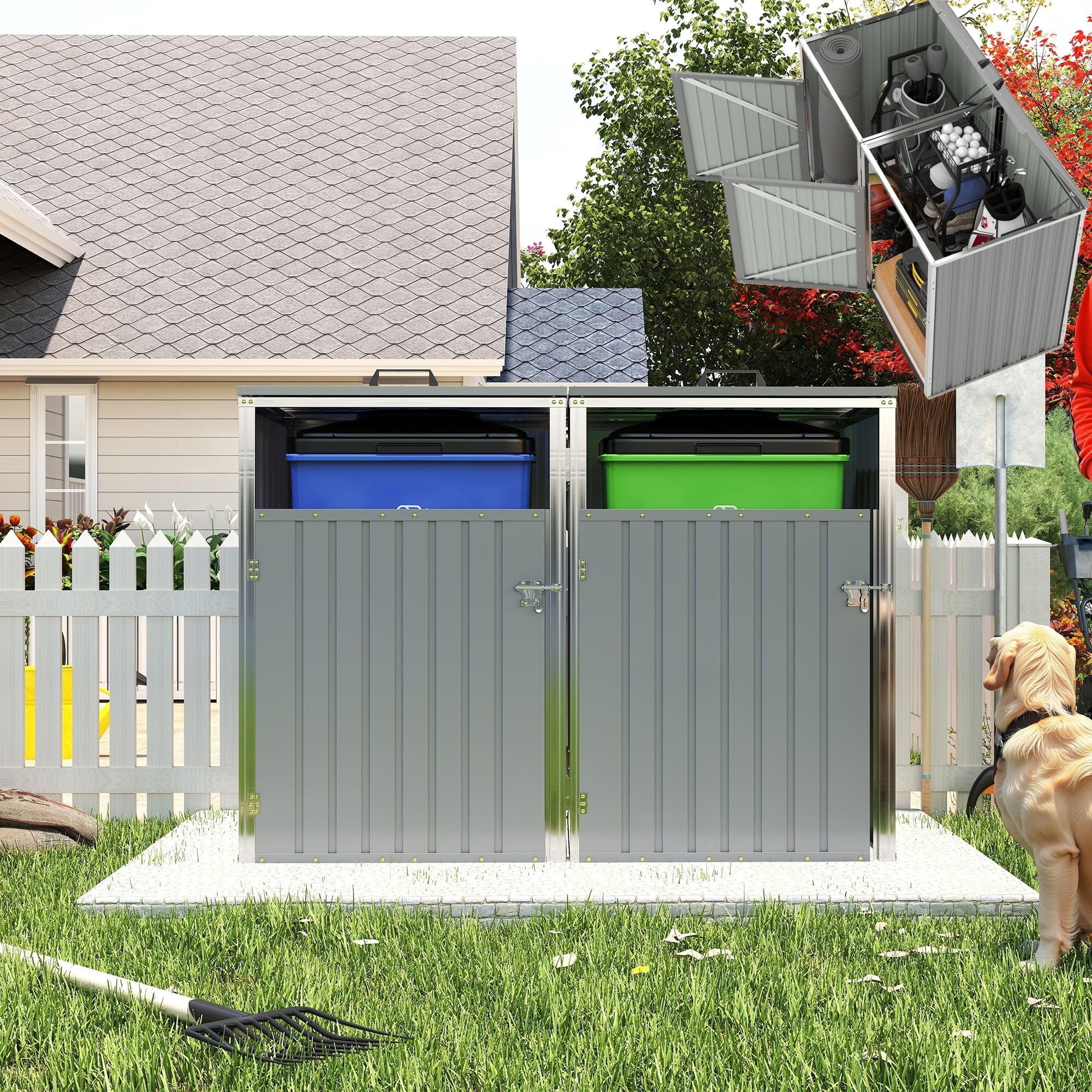 KEIKI 54 Cu.Ft Metal Outdoor Trash Can Storage Shed for 2 Bins, Garbage Bin Enclosure with Pneumatic Lid &amp; Double Chain Design, Outdoor Storage for Garden, Patio or Lawn, Light Gray