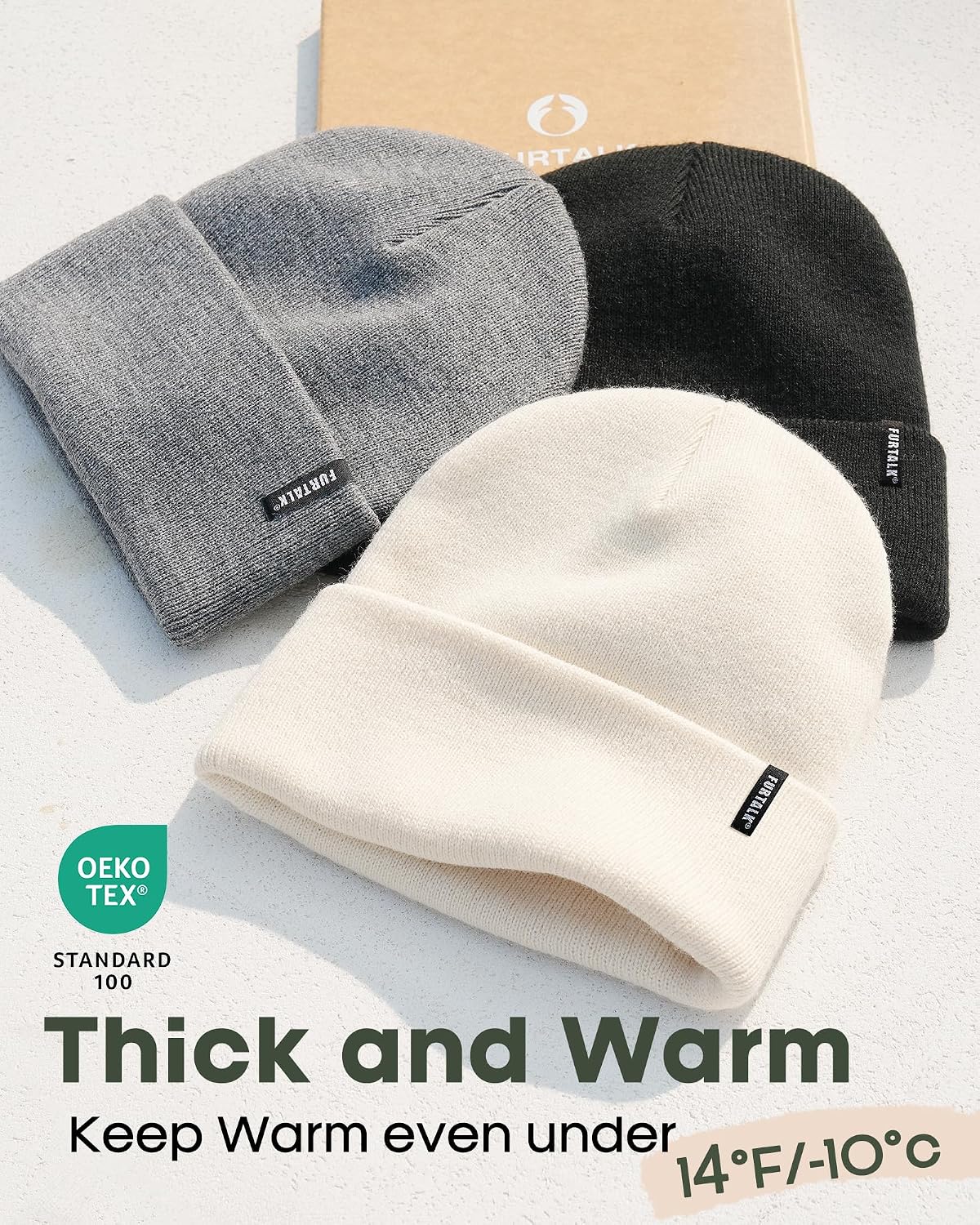FURTALK Unisex Cuffed Beanie 3 Pack Thick Knitted Winter Skull Cap image 5
