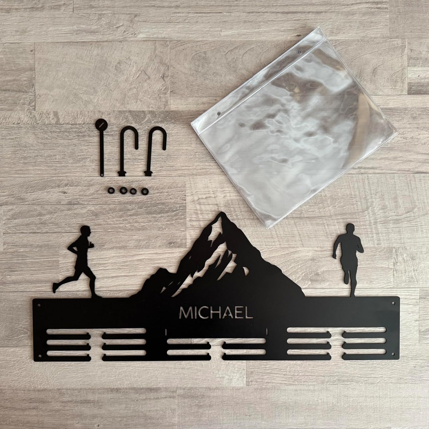 FranJohnsonHouse Personalized Mountain Running Medal Holder with Custom Name - Race Bib Metal Hanger - Display Rack for Awards, Athlete Race Numbers - Male or Female