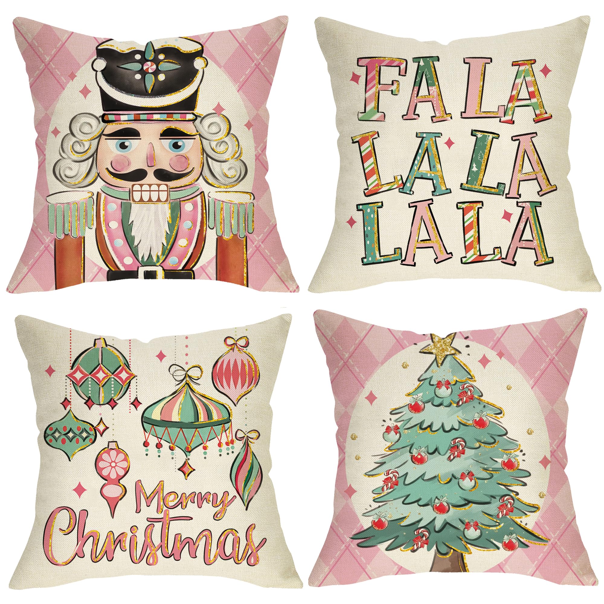 Merry Christmas Tree Nutcracker Decorative Throw Pillow Covers 18 x 18 Set of 4, Pink Xmas FA La La Porch Outdoor Home Decor, Ornaments Winter Holiday Party Decorations Cushion Case