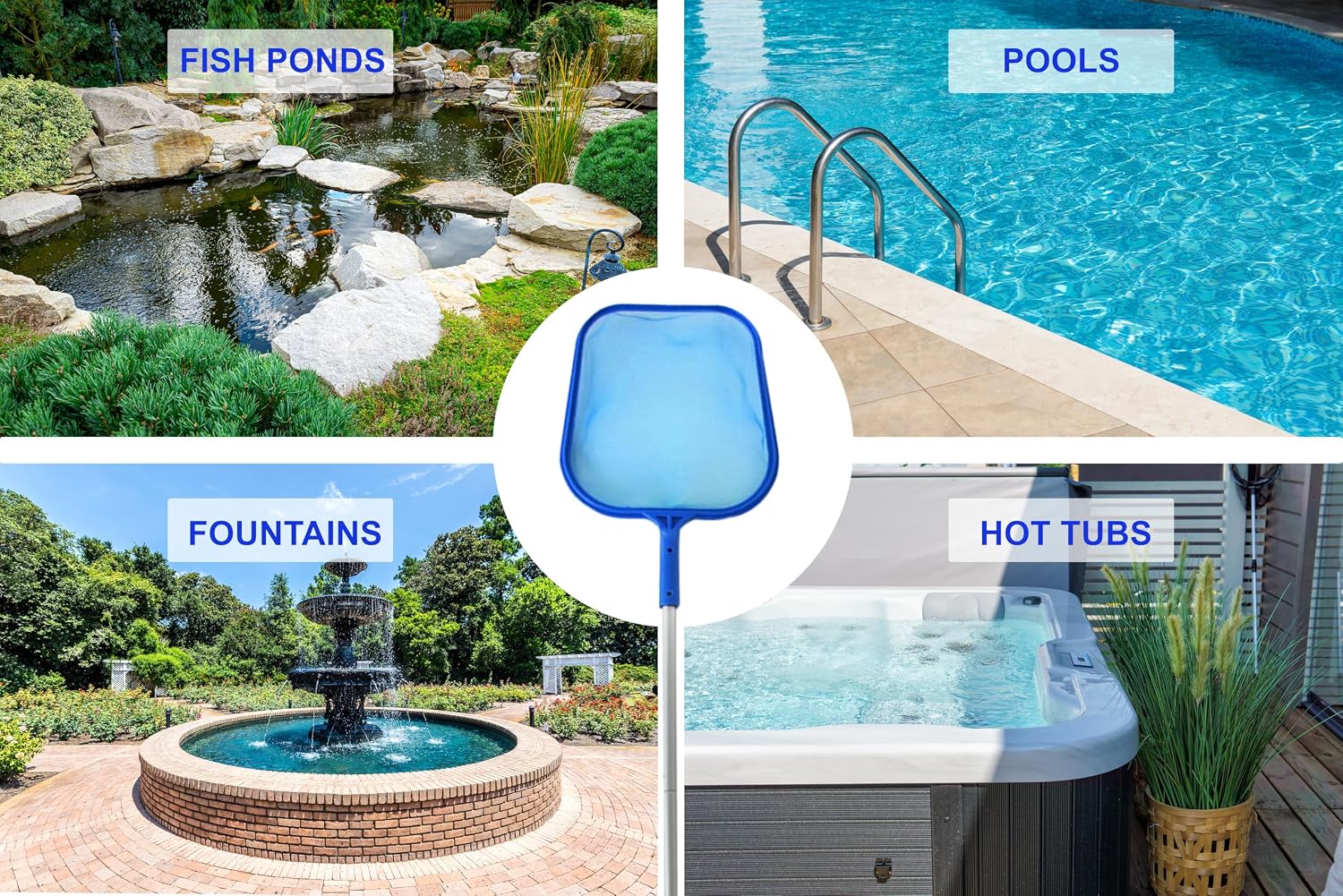 Pool Skimmer Leaf Net & Pole - Fine Mesh Cleaner Scoop - Leaf Net for Pond, Spa, Hot Tub - Large Screen Skimmer for Above Ground Or Inground Pools, Strainer Cleaning Tools & Accessories - Blue 60"