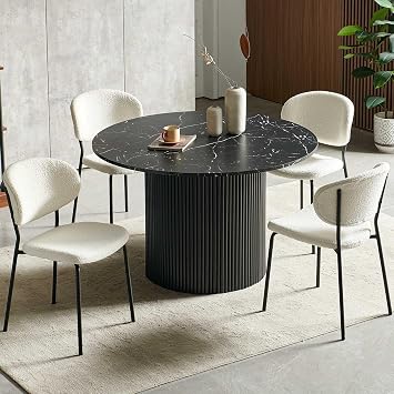 NORDICANA 5-Piece Dining Table Set, 47 Inch Dinette Set for 4, Round Kitchen Table and Beige Dining Room Chairs Set of 4, Engineered Wood Top with Black Marble Color Patterns