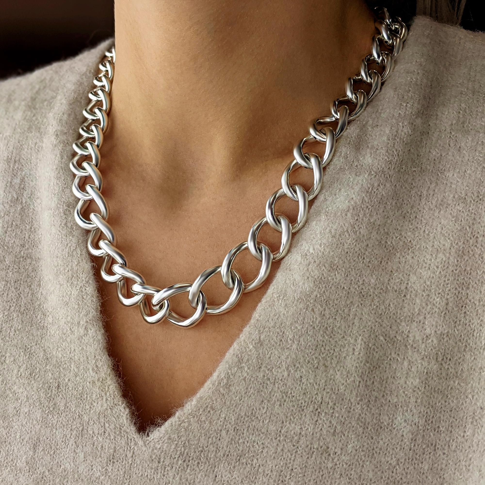Collar de cadena gruesa y ligera electroformada de plata de ley 925 para mujer