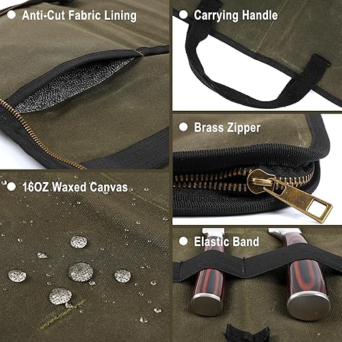 Miniatura 4 de Kaaltisy Bolsa para cuchillos de chef con 4 ranuras, rollo de cuchillo de lona encerada de 16 onzas con tela anticorte, portacuchillos profesional