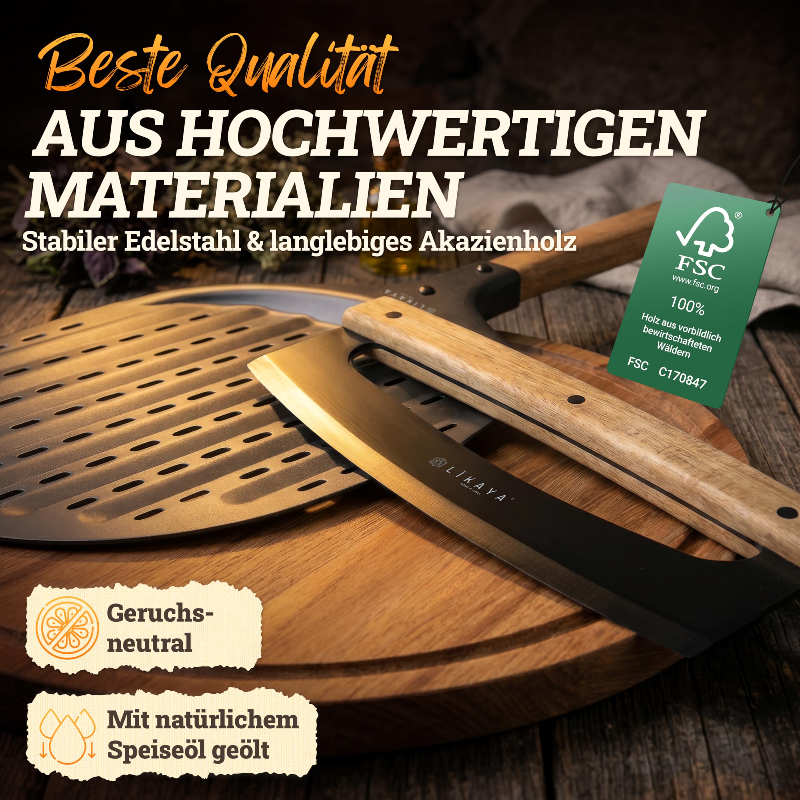 LIKAYA Pizzaiolo Set d'accessoires à pizza professionnel avec pelle à pizza 32 x 62 cm, planche à pizza 35 cm et couteau à pizza 36 cm – Pelle à pizza, couteau à pizza et planche à pizza en bois
