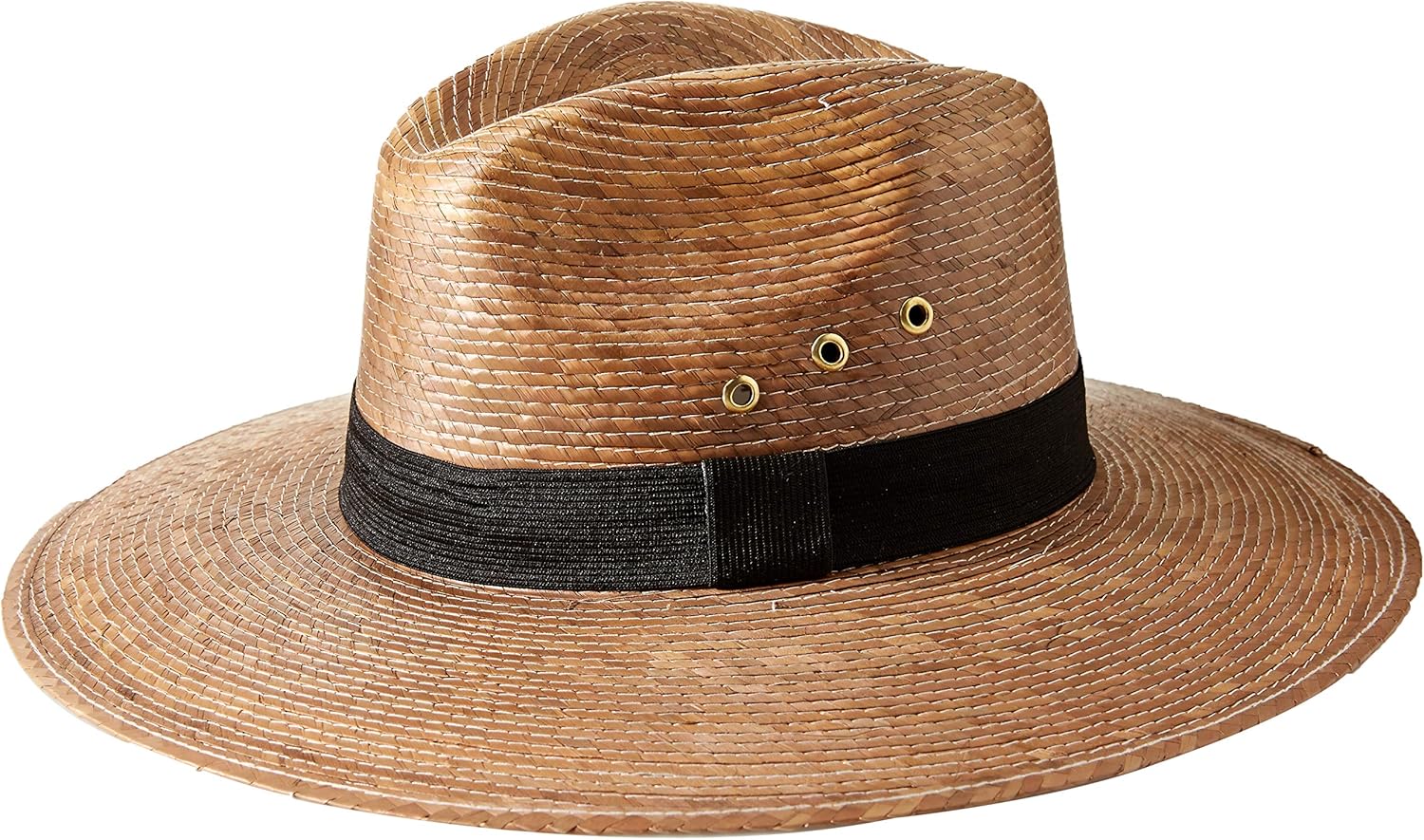 MEXIMART Mexican Palm Leaf Straw Indiana Wide Brim Hat, Dark Tan w/Grommets