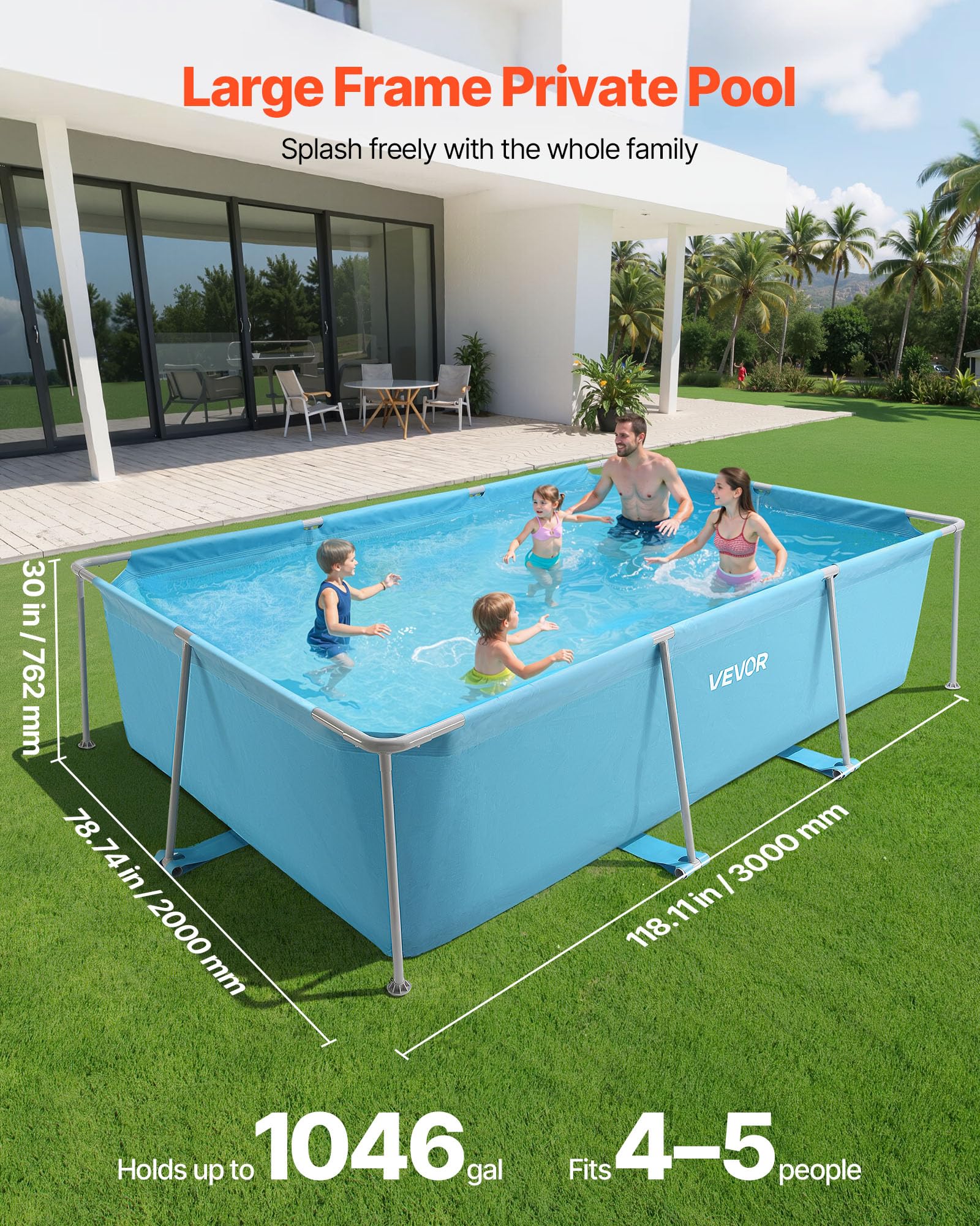 VEVOR Piscine Hors Sol à Cadre Métallique, 3 x 2 x 0,76 m, Grande Piscine Familiale Rectangulaire PVC, Structure Acier, Capacité Eau 3959 L, avec Système Drainage Débit Contrôlé, pour Extérieur, Bleu