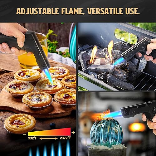Miniatura 4 de GIBOT Pistola de encendedor de butano, soplete de cocina recargable con llama ajustable y bloqueo de seguridad, encendedor de pistola de diseño