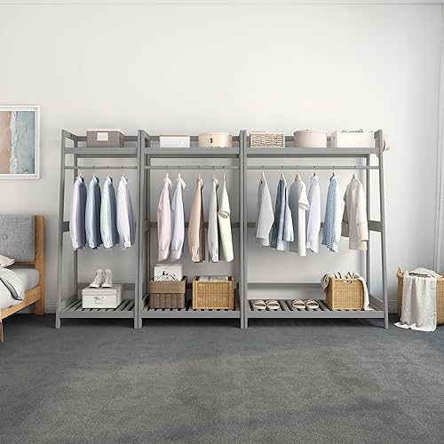 Miniatura 7 de IOTXY Perchero de madera abierta  Perchero independiente de madera maciza con estantes de almacenamiento y barra para colgar ropa, pequeño y