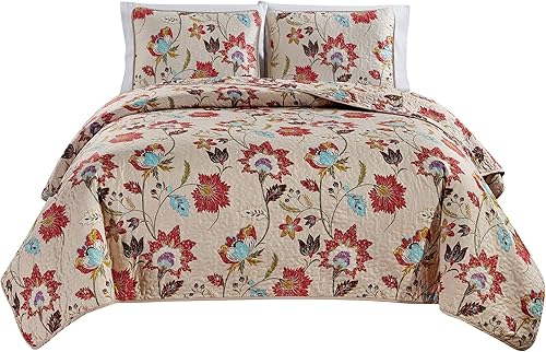 Masterplay Juego de colcha de 3 piezas con estampado fino (90 x 90 pulgadas), cubrecama tamaño Queen (rojo, azul, multicolor, floral)