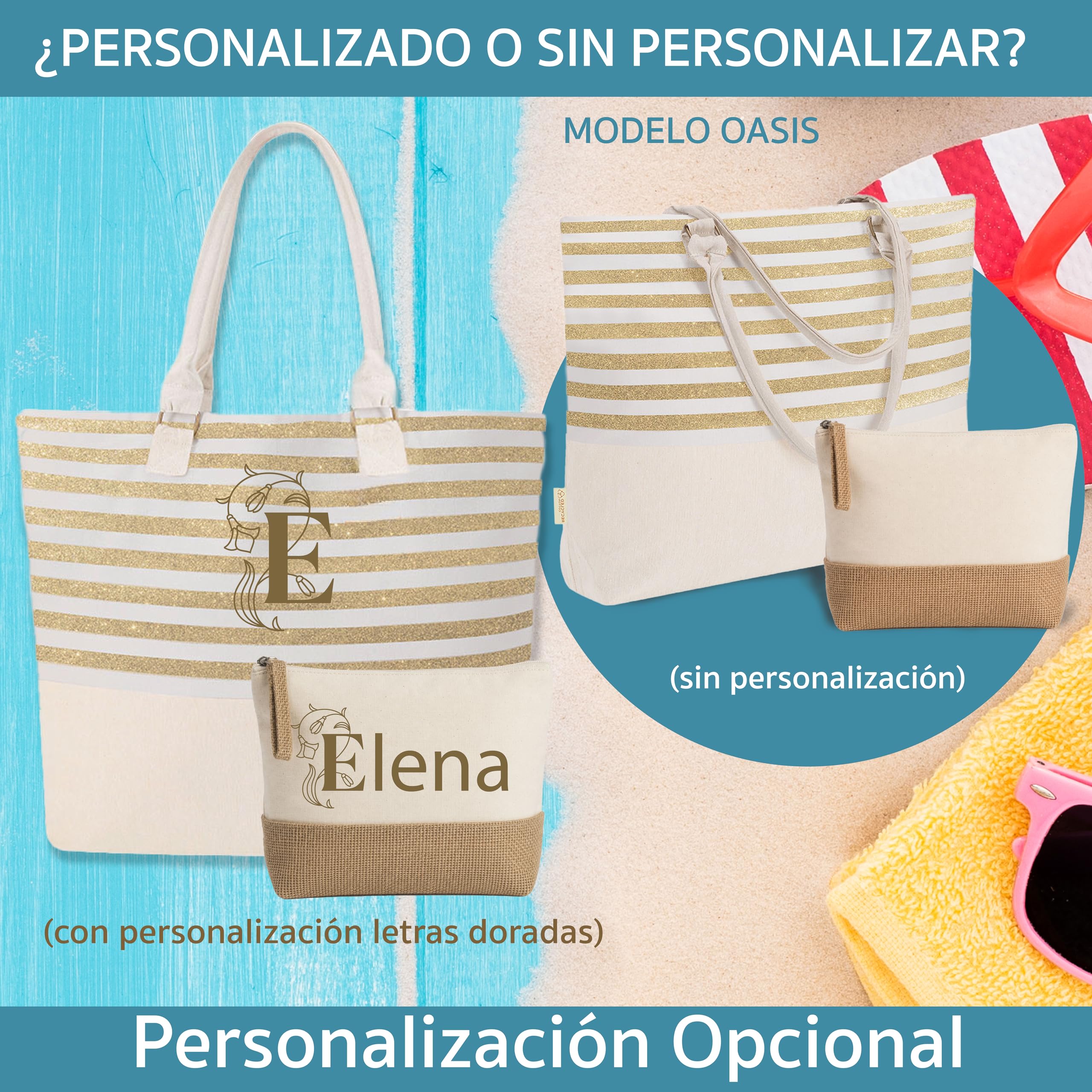 Bolso Playa Mujer Grande con Neceser, Opción de Personalización y Toalla a Juego – Bolso Piscina Mujer, Bolsos Mujer Verano