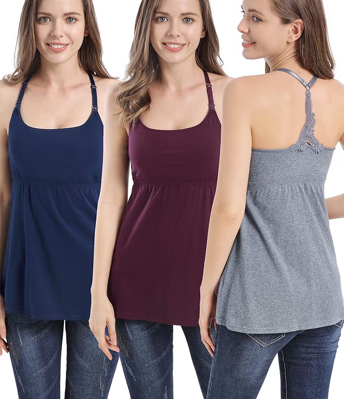 SUIEK 3 Pack Maternity Nursing Tank Tops with Bralette Cotton Breastfeeding Camisole
