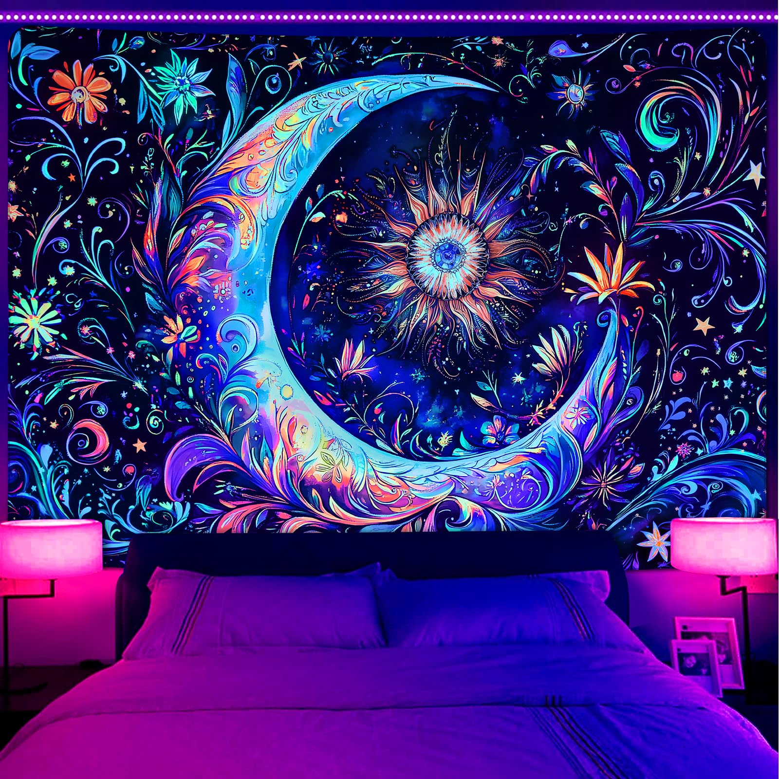 Invoibler Schwarzlicht-Wandteppich, UV-reaktiv, Mandala, Mond, Sonne, Wandkunst, Bohemian-Stil, ästhetischer Boho-Wandbehang für Schlafzimmer (180 x 235 cm)