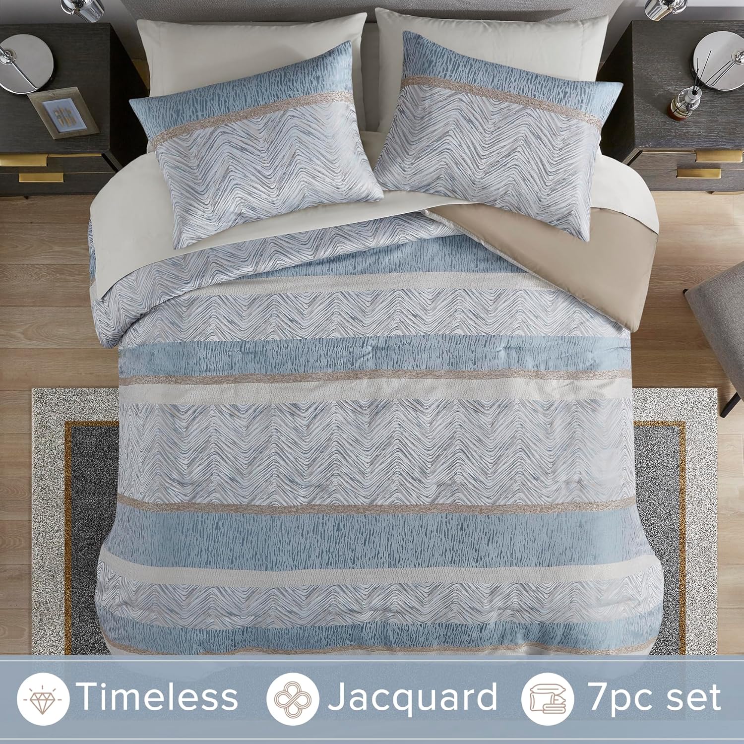 Comfort Spaces Blue Queen Comforter Set - 7 Pieces Trendy Modern Jacquard Bedding Sets with Sheets, All Seasons Skin-Friendly, Lightweight & Soft Microfiber Queen Bed Set, Shams, Queen