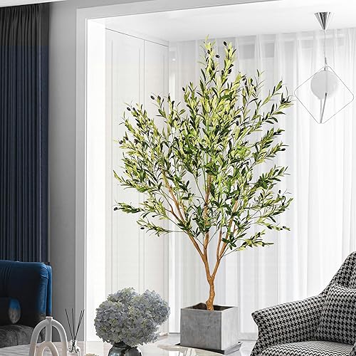 Árbol de olivo sintético, olivo artificial, para interiores, 7 pies (84 pulgadas), fruta grande de seda en maceta realista para interiores, oficinas
