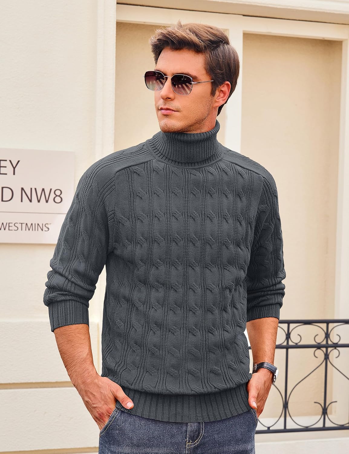 Cotrasen Men's Turtleneck Sweater Long Sleeve Cable Knit Sweater Casual Fall Winter Warm Twisted Pullover Sweaters - Image 2