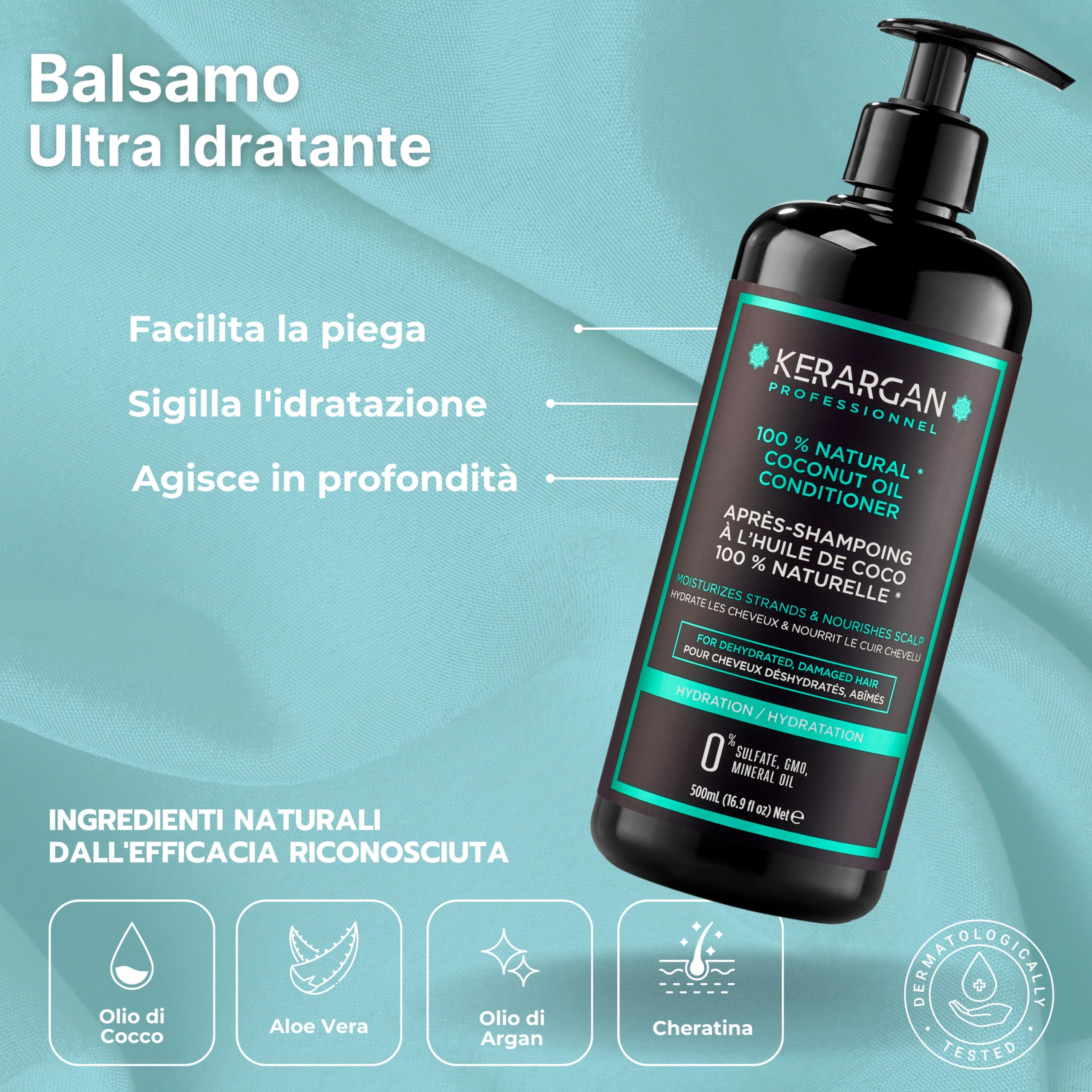 Kerargan - Duo Idratante Shampoo & Balsamo all'Olio di Cocco per Capelli Disidratati e Danneggiati - Nutre il Cuoio Capelluto - Senza Solfati, OGM, Silicone, Olio Minerale - 2x500 ml