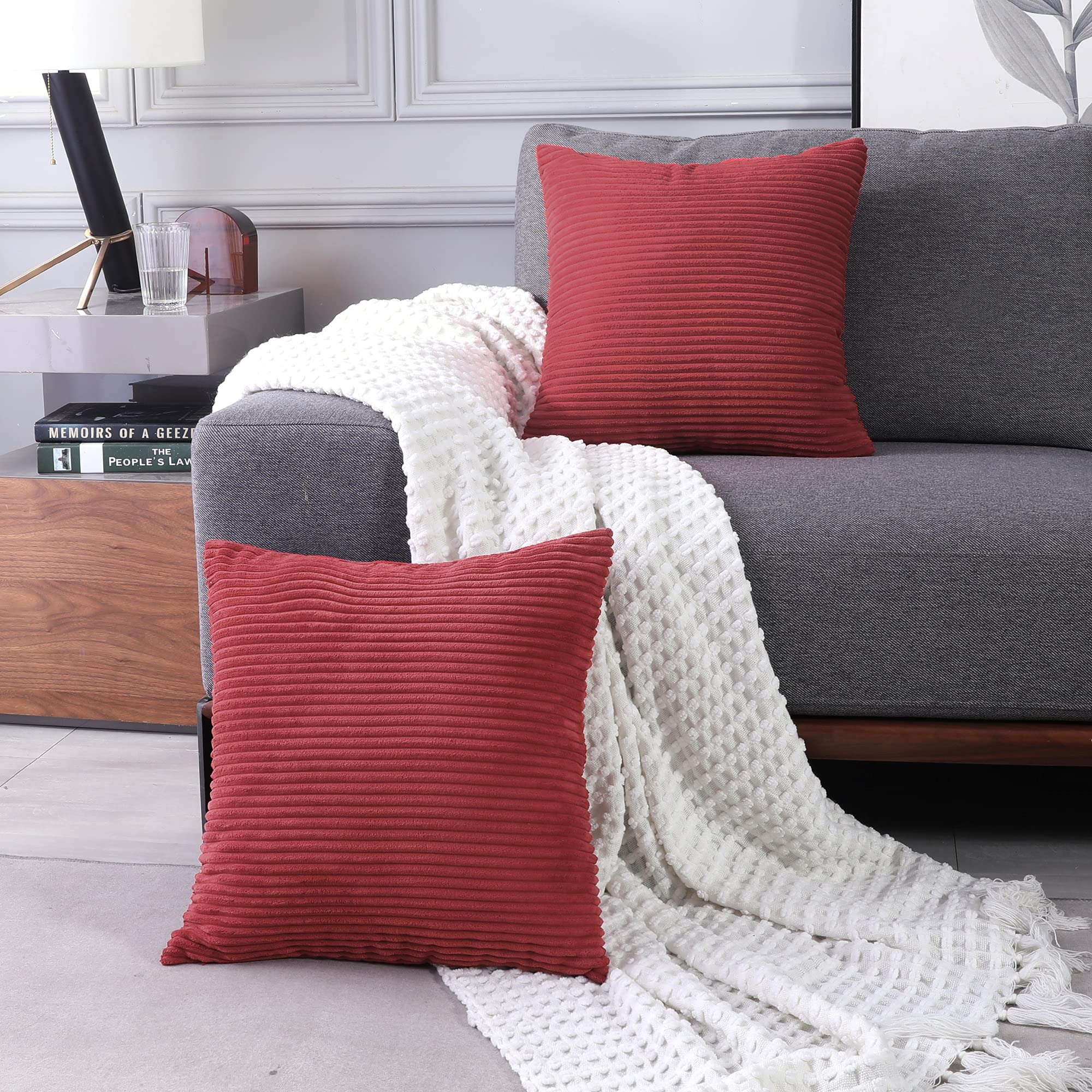 Deconovo Set of 2 Throw Pillow Cases Super Soft Corduroy Cushion Covers for Christmas with Zipper, Wine Red 16"x16" inch, 2 Pieces