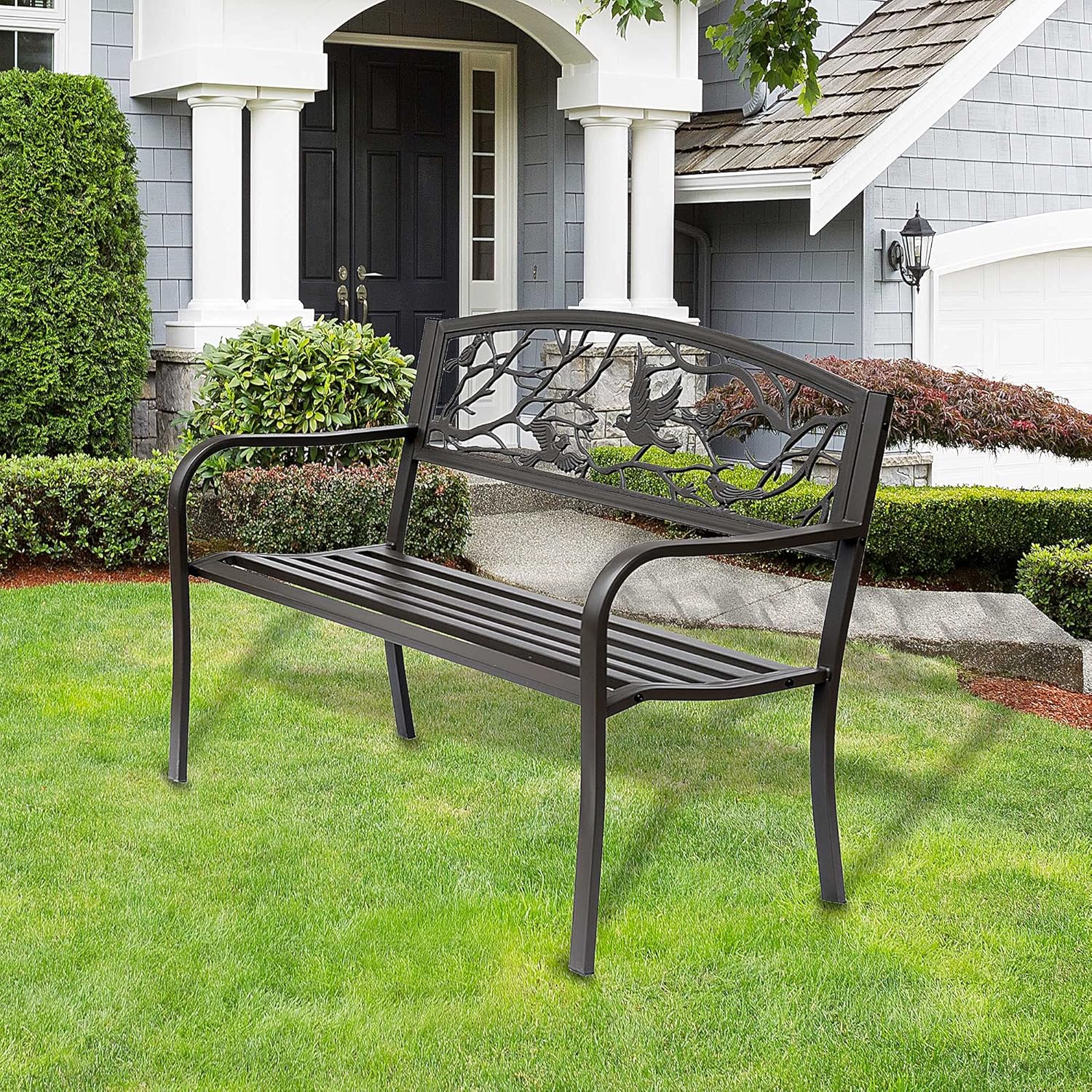Outsunny 50" Garden Bench, Outdoor Patio Bench with Animal Pattern, Cast Steel Metal Bench for Yard, Lawn, Porch, Brown
