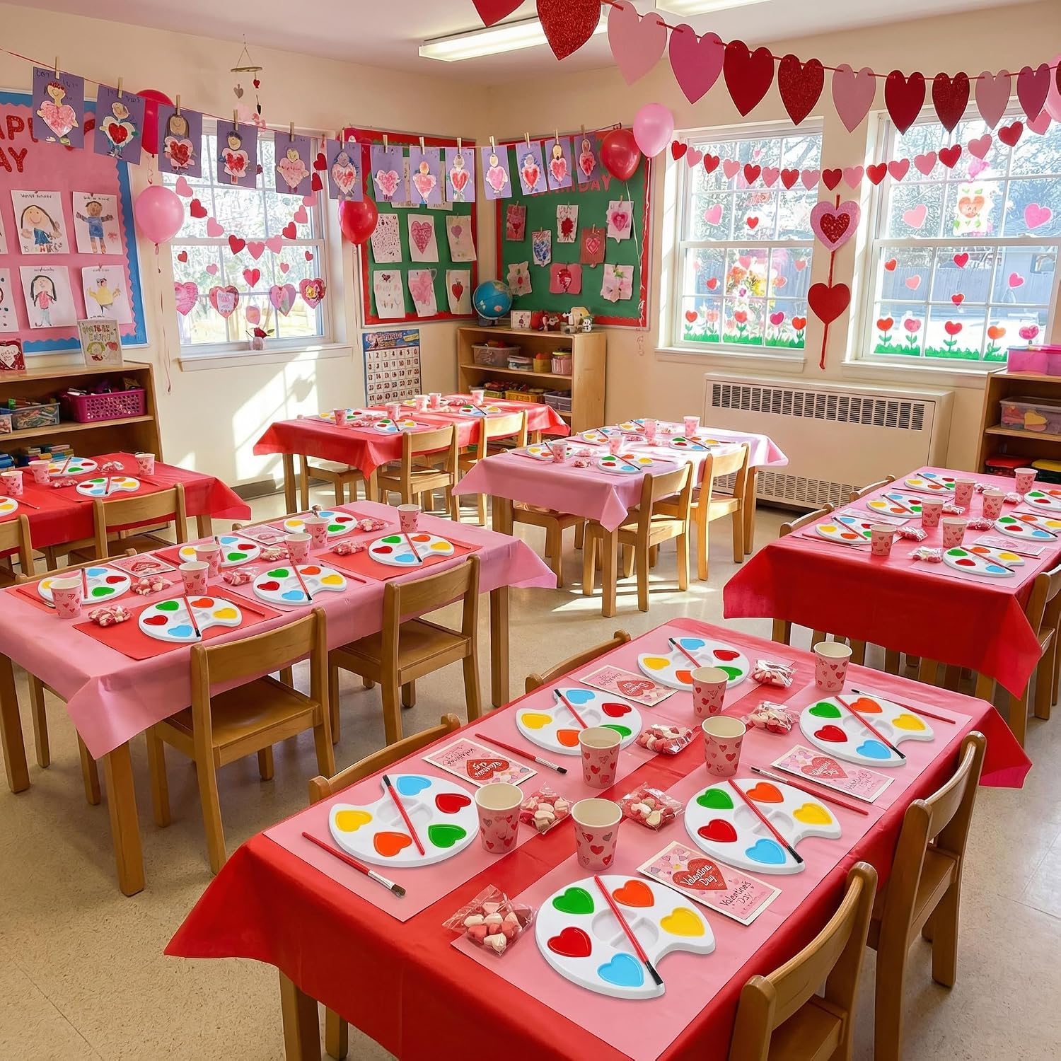 Daifunli 24 Pcs Valentines Day Gifts for Kids 5 Colors Heart Paint Watercolor Set with Paintbrush Washable Valentines Water Color Painting Kit Party Favor Exchange Gift for Classroom School(Circular)
