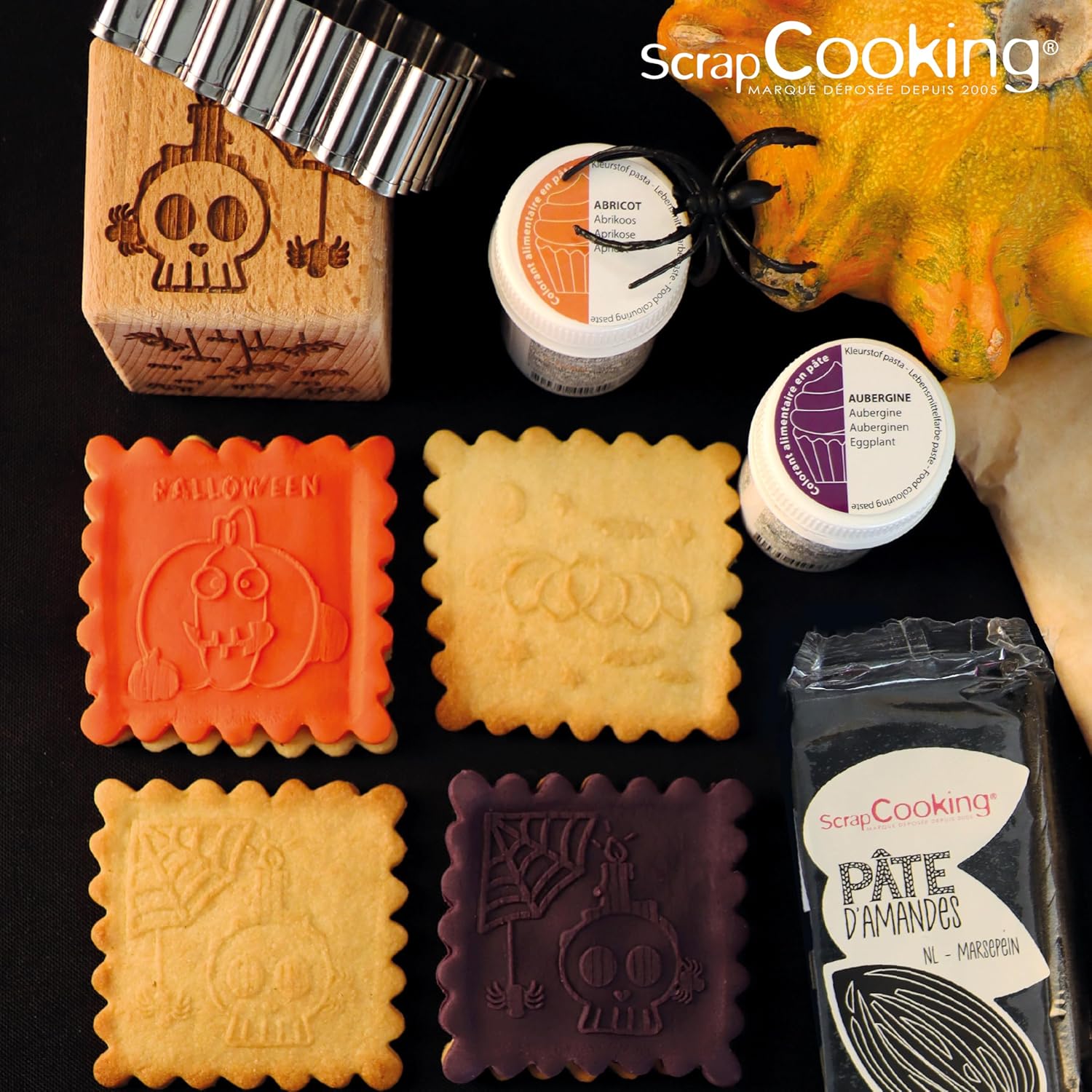 ScrapCooking 5298 Wooden Pastry Stamp with Halloween Motif with 1 Cookie Cutter and Cube Cutter with 5 Embossed Sides - Magic Decoration Mould for Birthday
