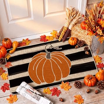 Artoid Mode Watercolor Stripes Pumpkin Decorative Doormat, Fall Seasonal Harvest Thanksgiving Vintage Rustic Low-Profile Yard Floor Mat Switch Mat for Indoor Outdoor 17 x 29 Inch