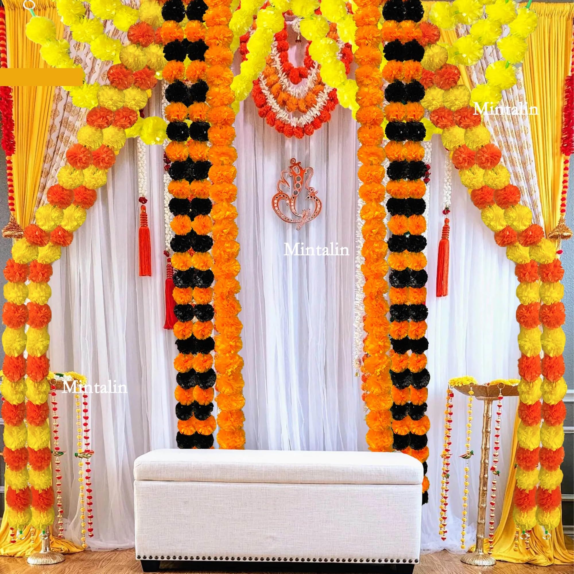 piante finte Ghirlanda di fiori calendula con зo, artificiali for Diwali Home fai da te Decorazione artigianale Festa nozze per decorazione(Roseo Yellow,5pcs)