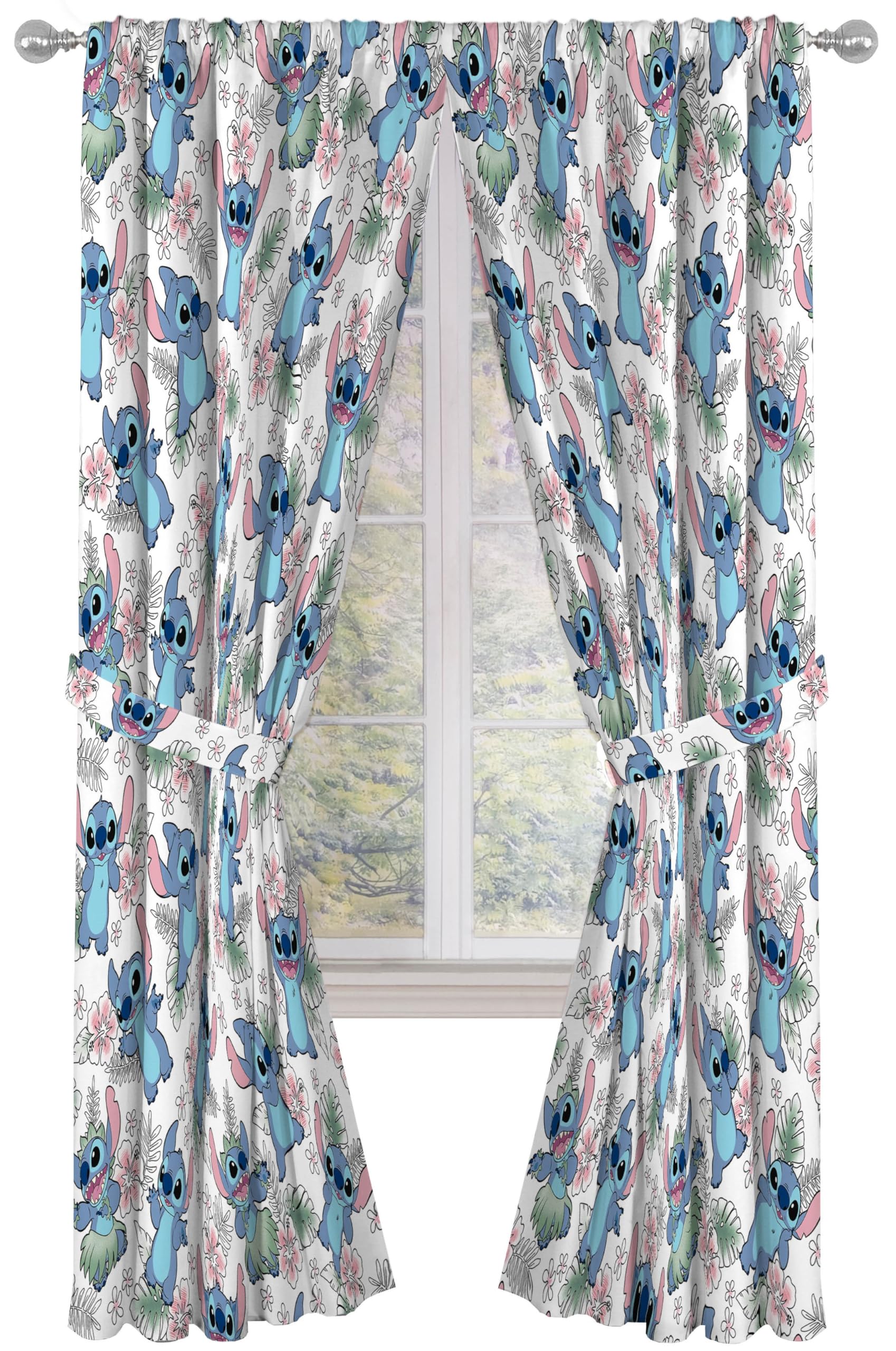 Jay Franco Window Curtains for Kids Bedroom 4-Piece Drape Set with 2 Tiebacks, Multi - Lilo & Stitch, 42" W x 84" L (Pack of 2)