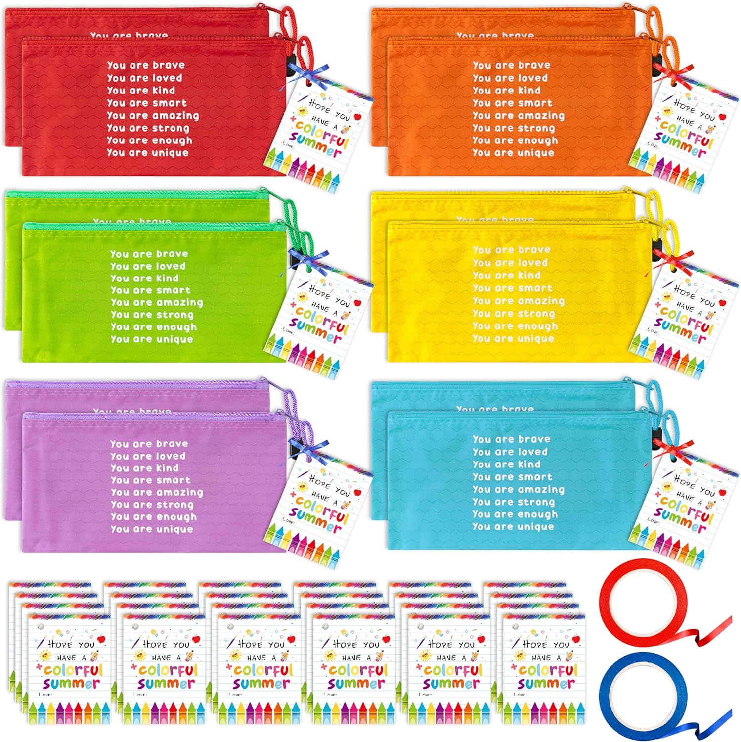 ANGOLIO 50Pcs End of Year Student Gift Includes Motivational Rainbow Pencils Pouch with Gift Inspirational Cards Hope You Have a Colorful Summer and Ribbons Stationary for Students Gifts Supplies