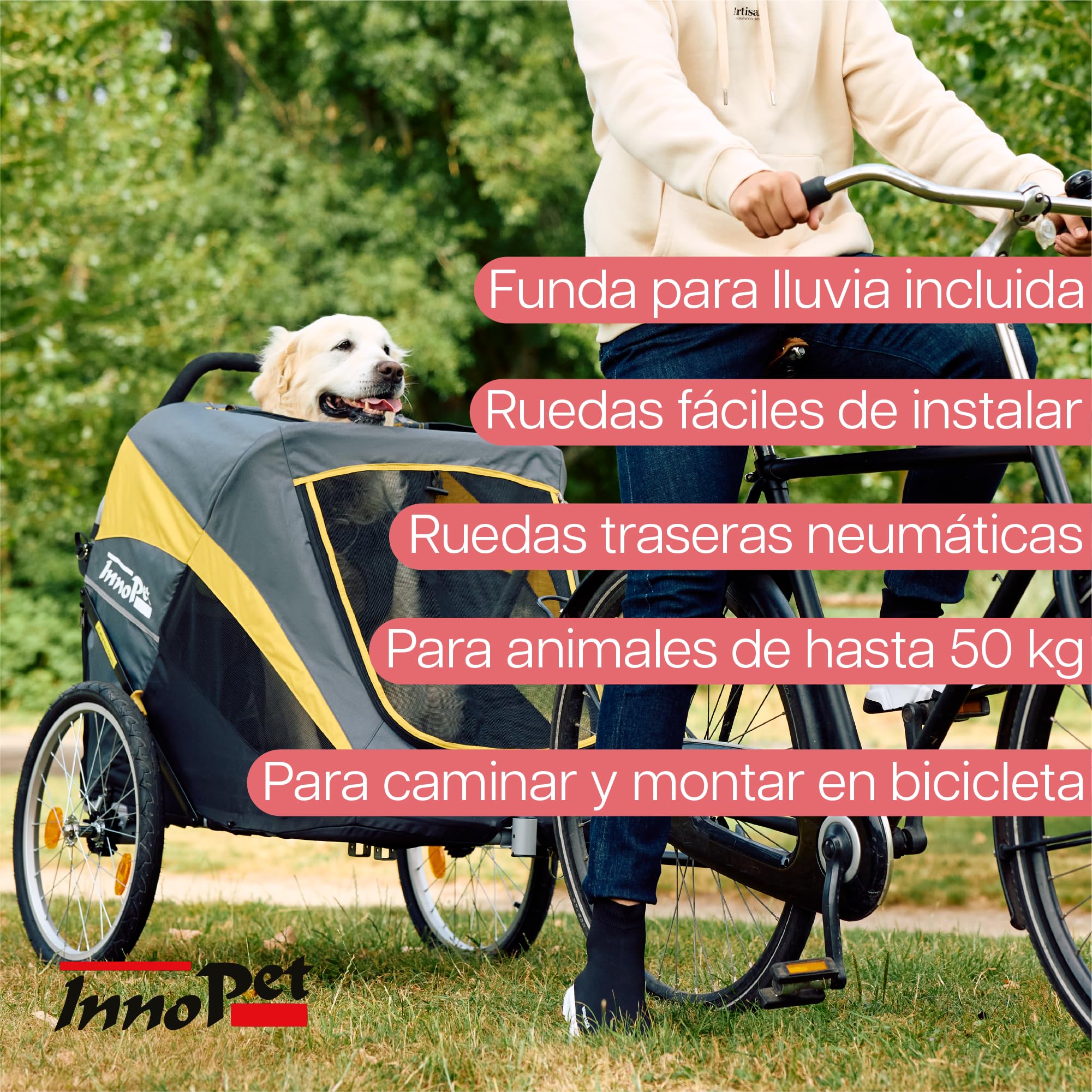 InnoPet Hercules 2 en 1 Cochecito y Remolque para Perros Amarillo Gris con Barra para Bicicleta, Ruedas de Aire de 20 Pulgadas, Estructura Robusta e Incluye Funda para Lluvia