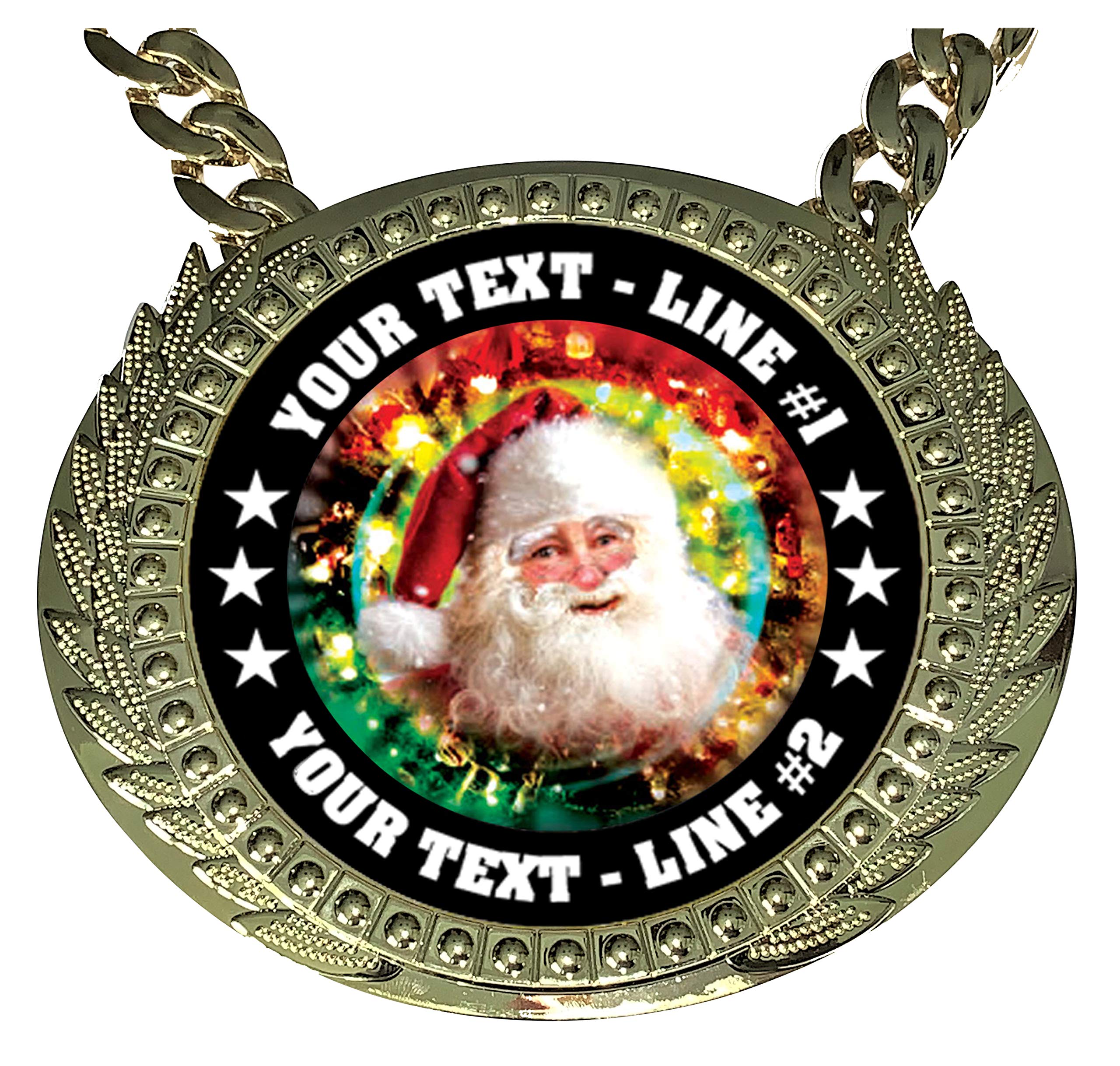 Express Medals Custom Santa Claus Christmas Champ Chain Trophy with 2 Lines of Personalized Text on a Large Rigid Plastic Award Medal and 34 Inch Long Gold Color Neck Chain. MY481