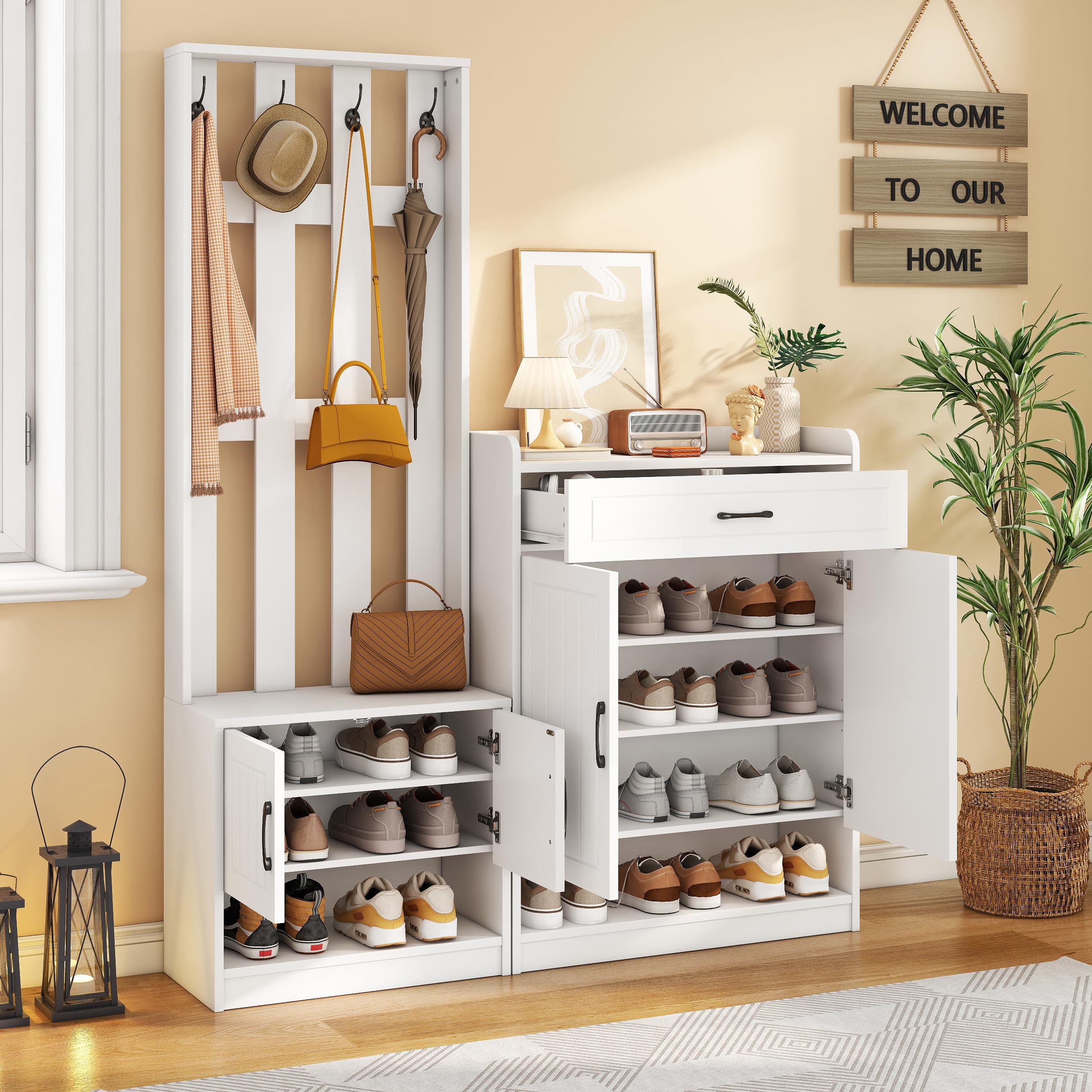 Garderobenset Wandgarderobe, Garderoben Set mit Schuhbank und Wandpaneelen, Garderobenständer, Flurgarderobe Set mit Schubladen und Türen, Flurtrockenständer, Weiß Flurmöbel 140.6x32x180 cm