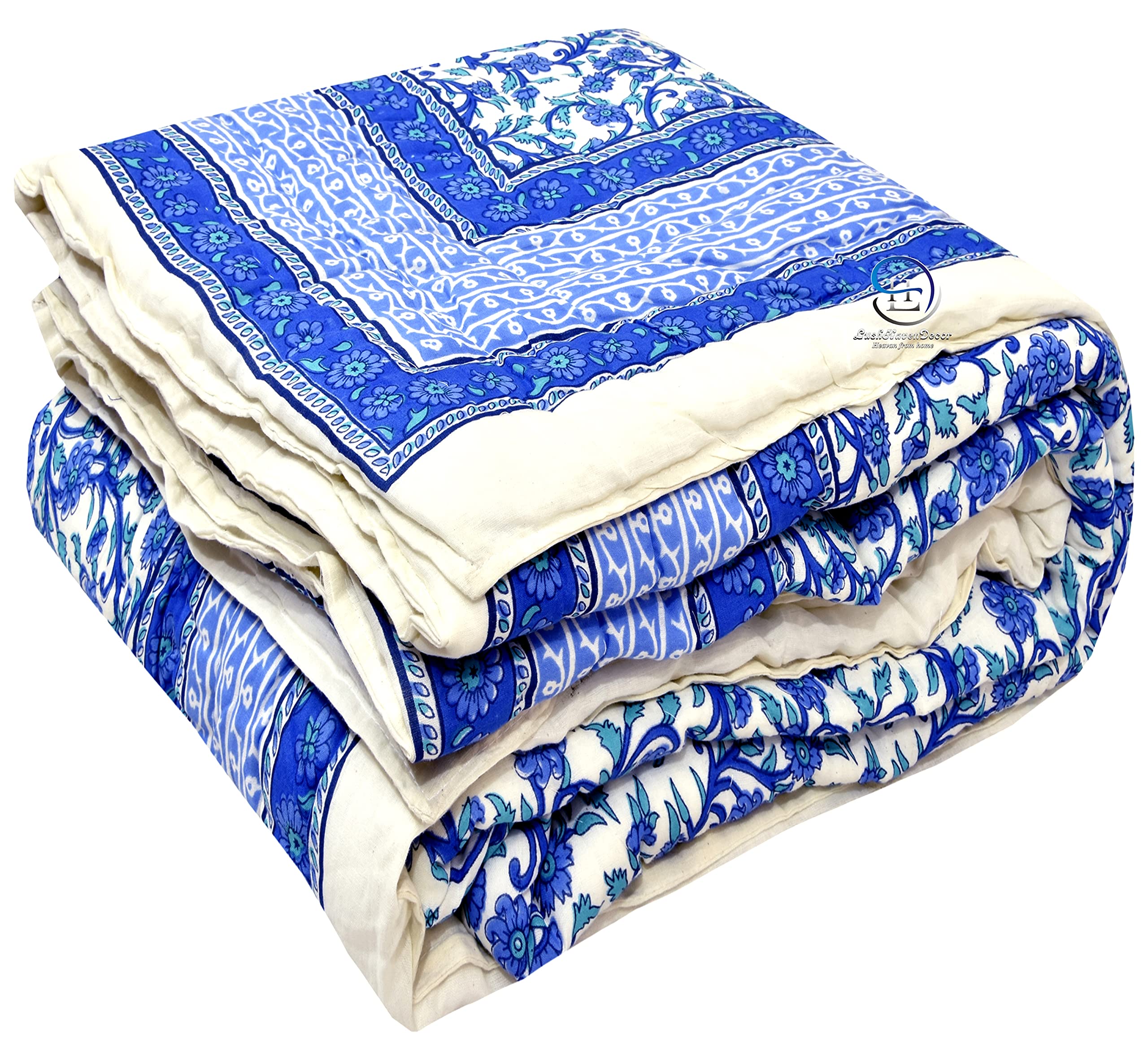 LushHavenDecor 210 TC Single Bed Jaipuri Razai Cotton Bed Blanket Dohar Ac Quilt Soft Light Weight Rajasthani Traditional Cotton Comforter 85 x 55 inch Floral Blue, Pack of 1