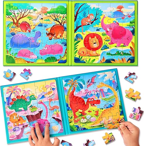 Rompecabezas magnéticos para niños de 3 a 5 años, juego de dos libros, rompecabezas de animales de dinosaurio, libros magnéticos, juegos de viaje,