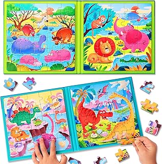 Magnetic Puzzles for Kids Ages 3-5, Two-Book Set, Dinosaur Animal Jigsaw Puzzle Magnet Books Travel Games Montessori Preschool Learning Activities Toddler Toys for 3 4 5 6 Year Old Boys Girls
