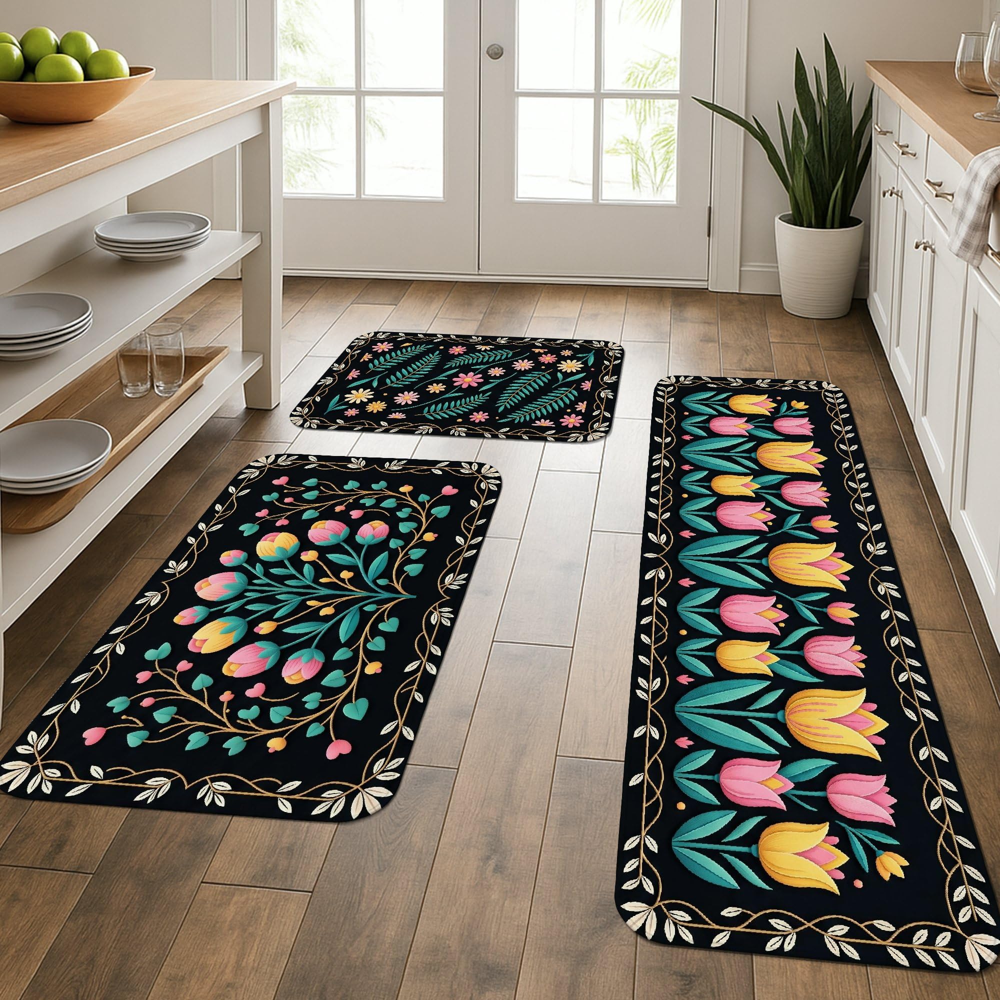 Tapetes suaves de cocina lavables y artísticos con acolchado cómodo para el piso, pack de 3