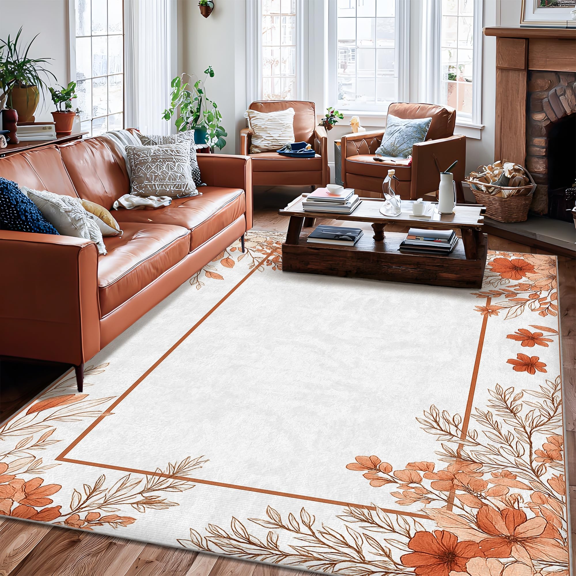 Tapis rectangulaire orange 1,8x2,7 m doux et résistant pour salon et chambre